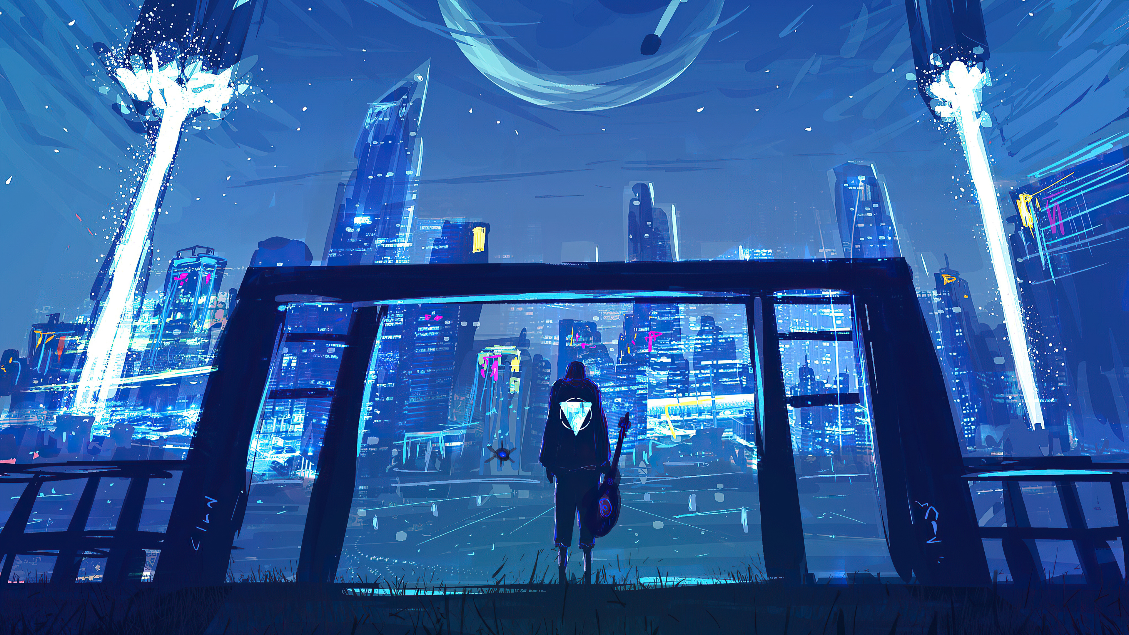 Person with guitar in futuristic city at night HD Wallpaper
