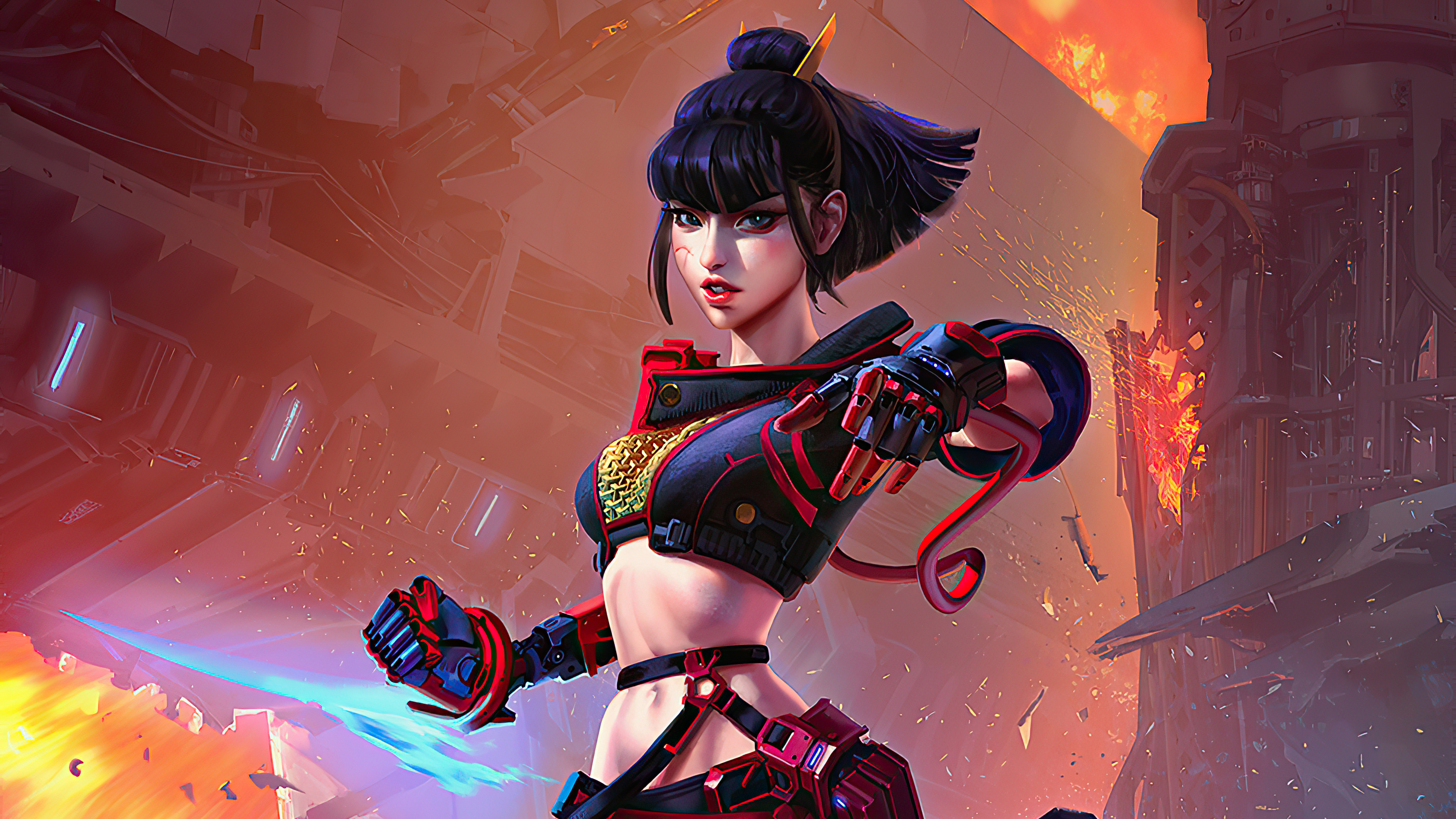 Cyberpunk warrior with glowing sword in fiery city HD Wallpaper