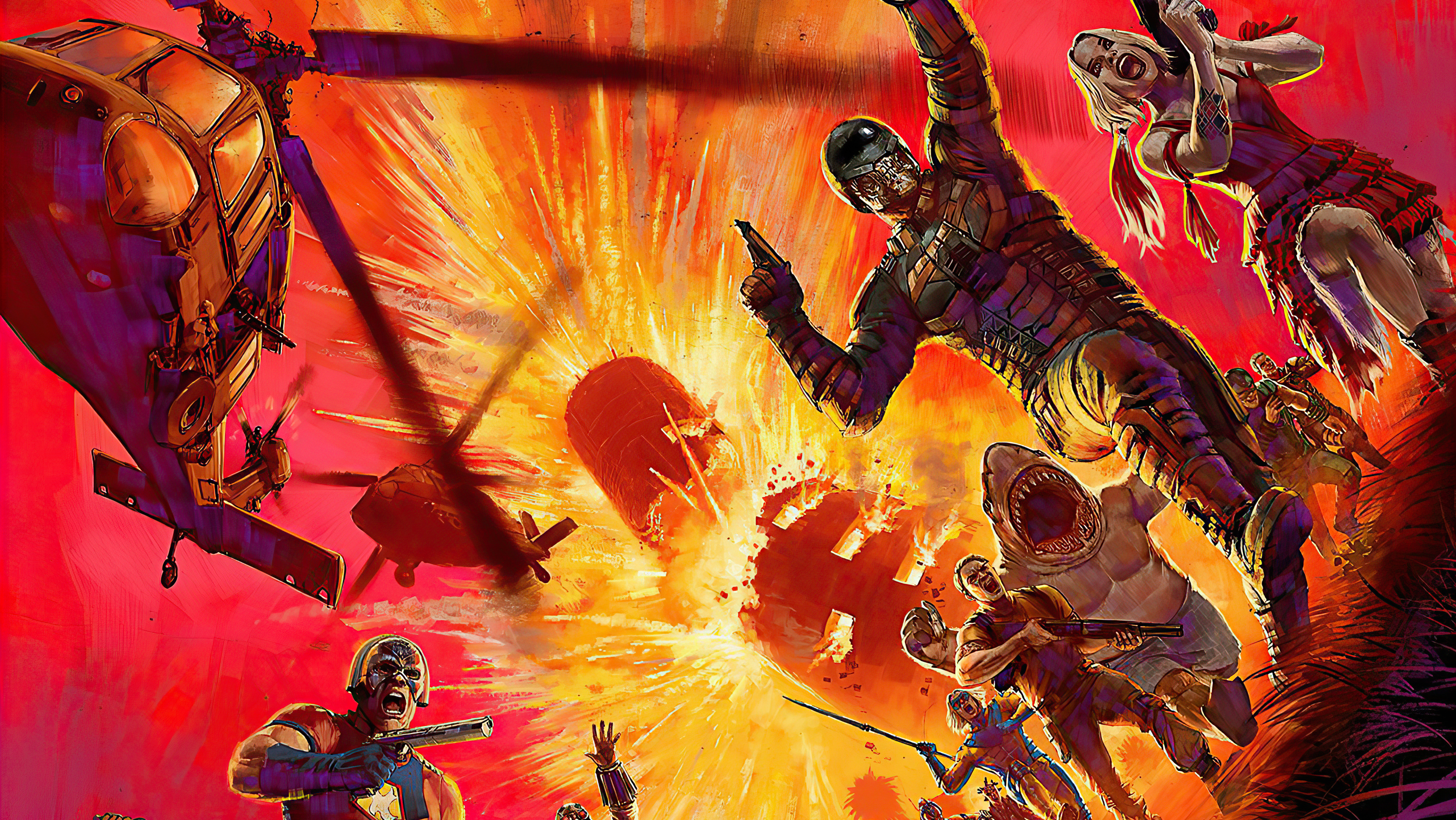 The Suicide Squad characters in action with explosions HD Wallpaper