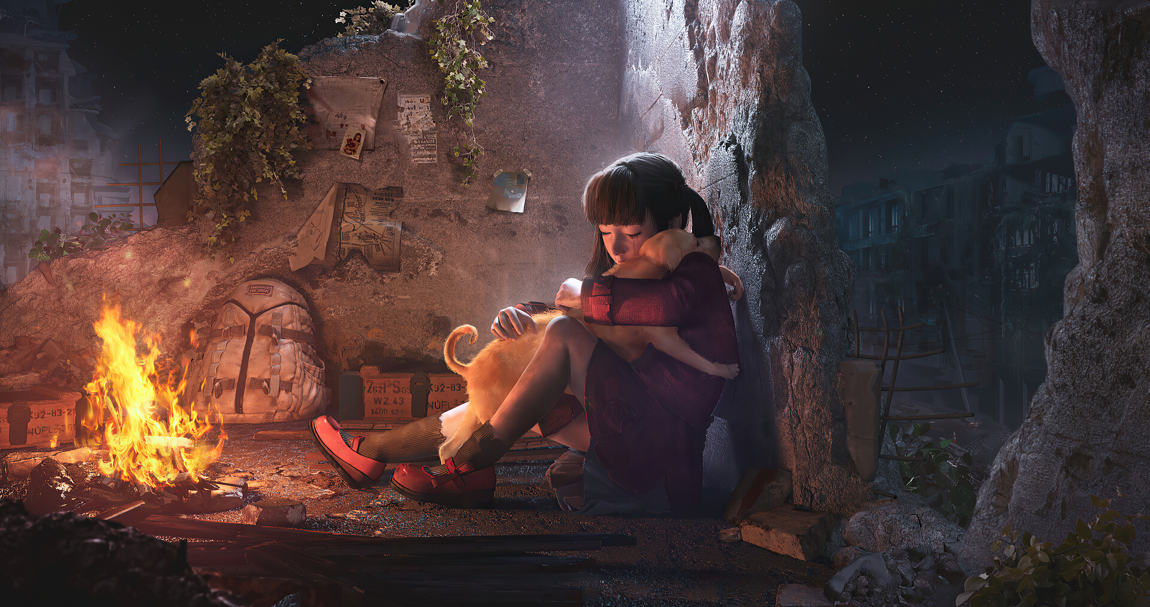 Girl hugging a dog by a campfire in ruins HD Wallpaper