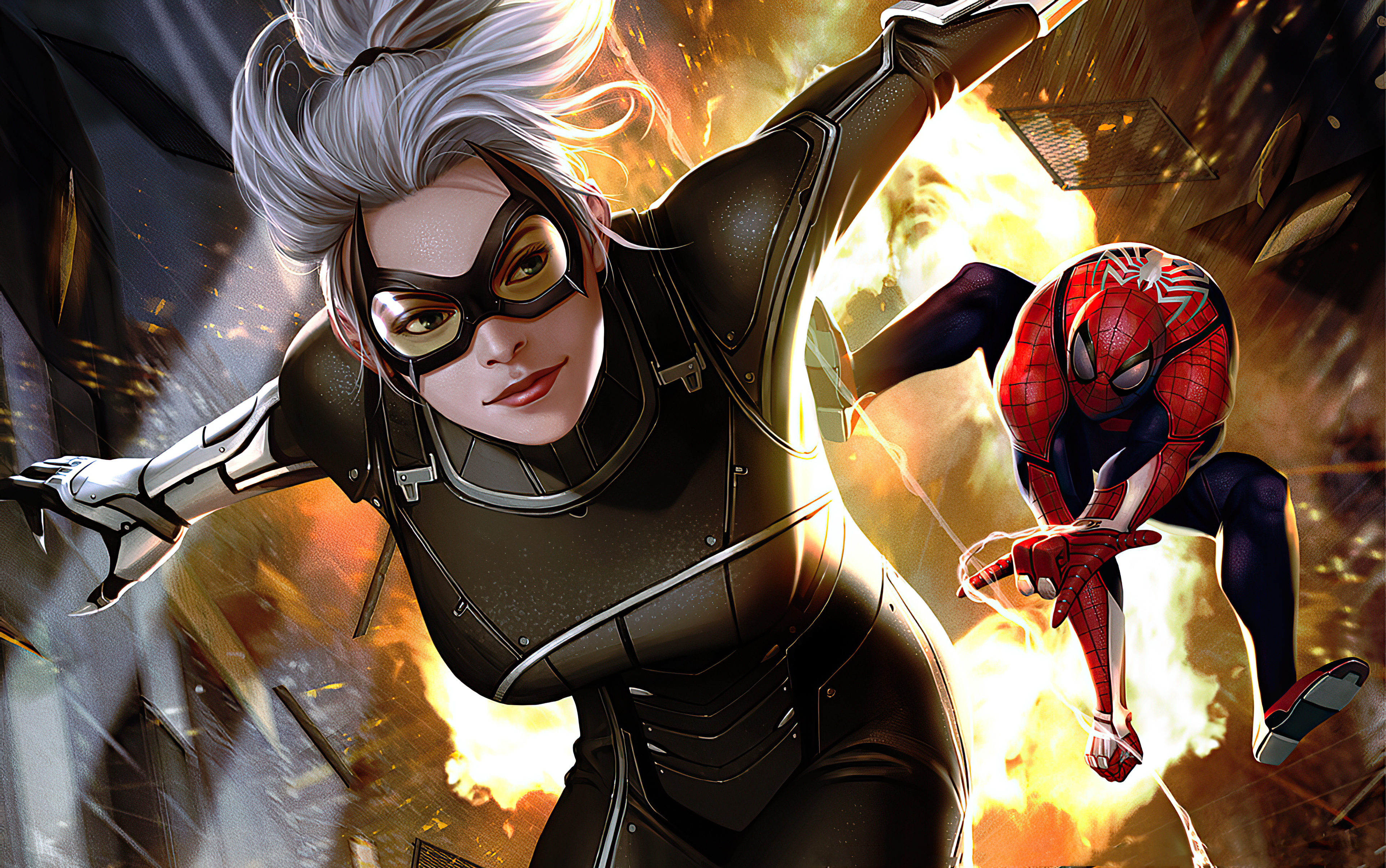 Black Cat and Spider-Man in action HD Wallpaper
