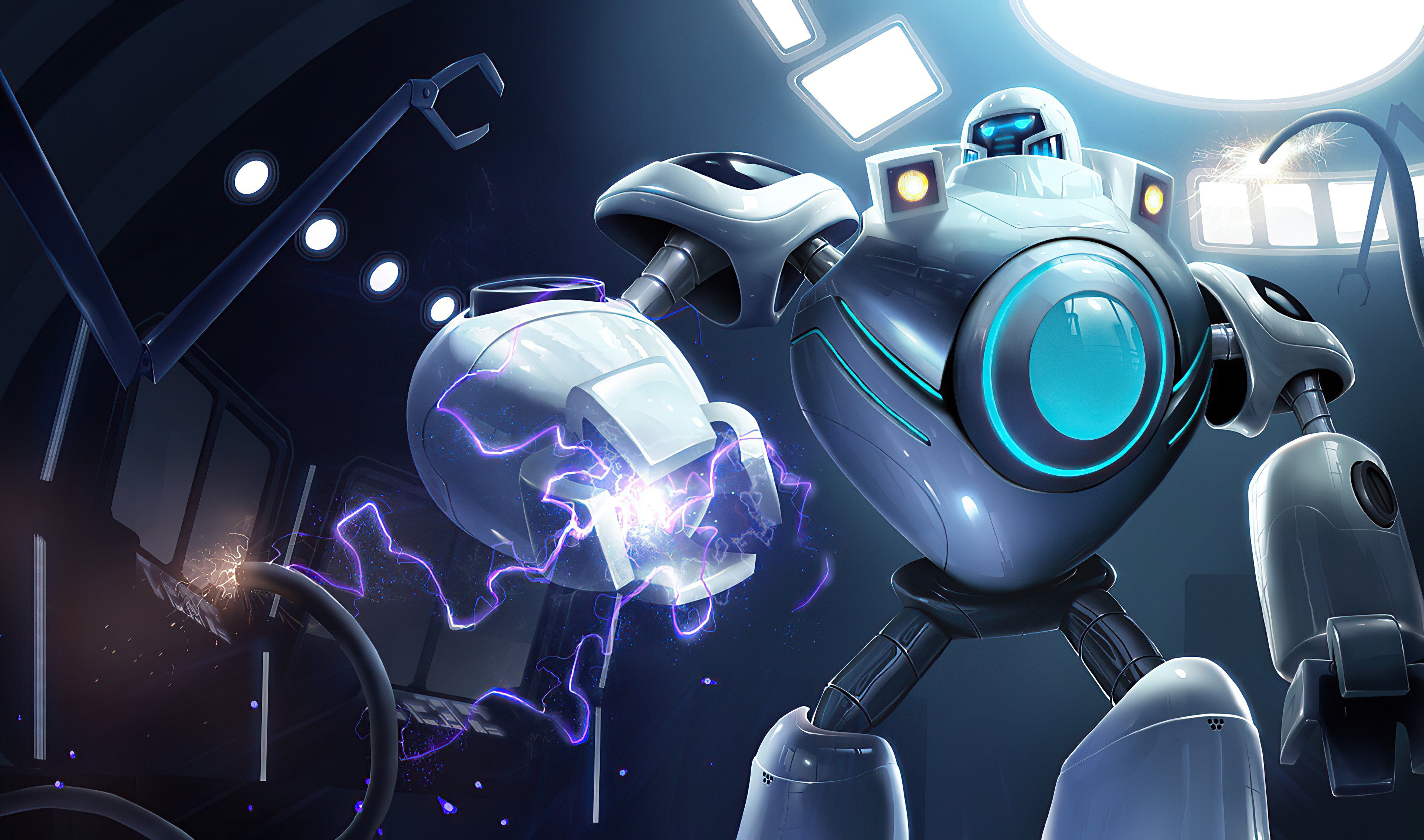 Robot in a laboratory with electrical sparks HD Wallpaper