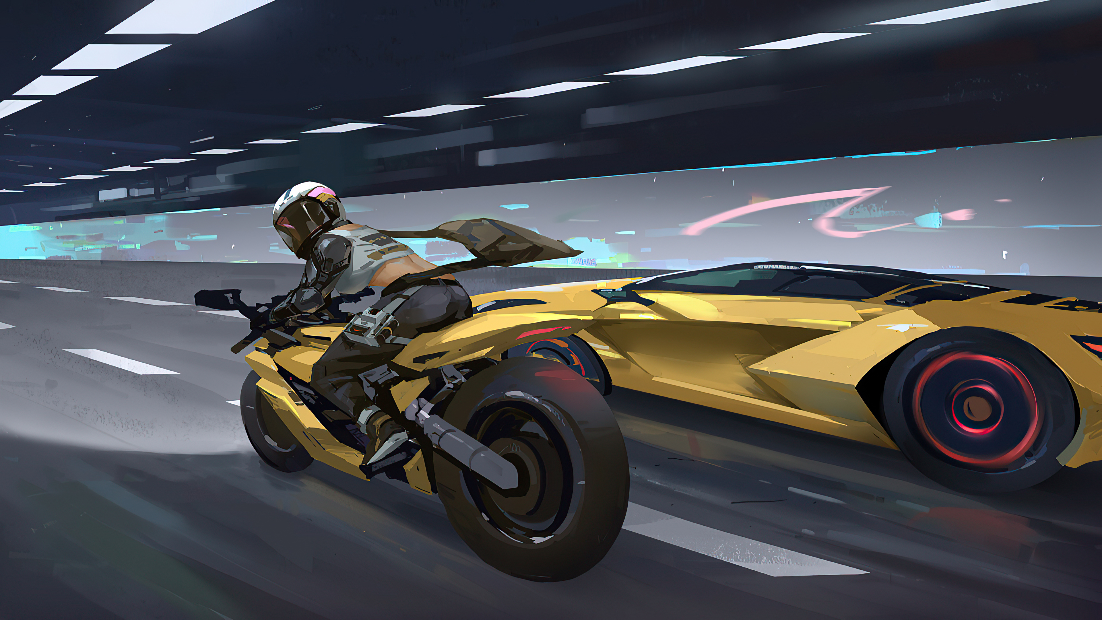 Cyberpunk motorcycle race with a yellow sports car HD Wallpaper