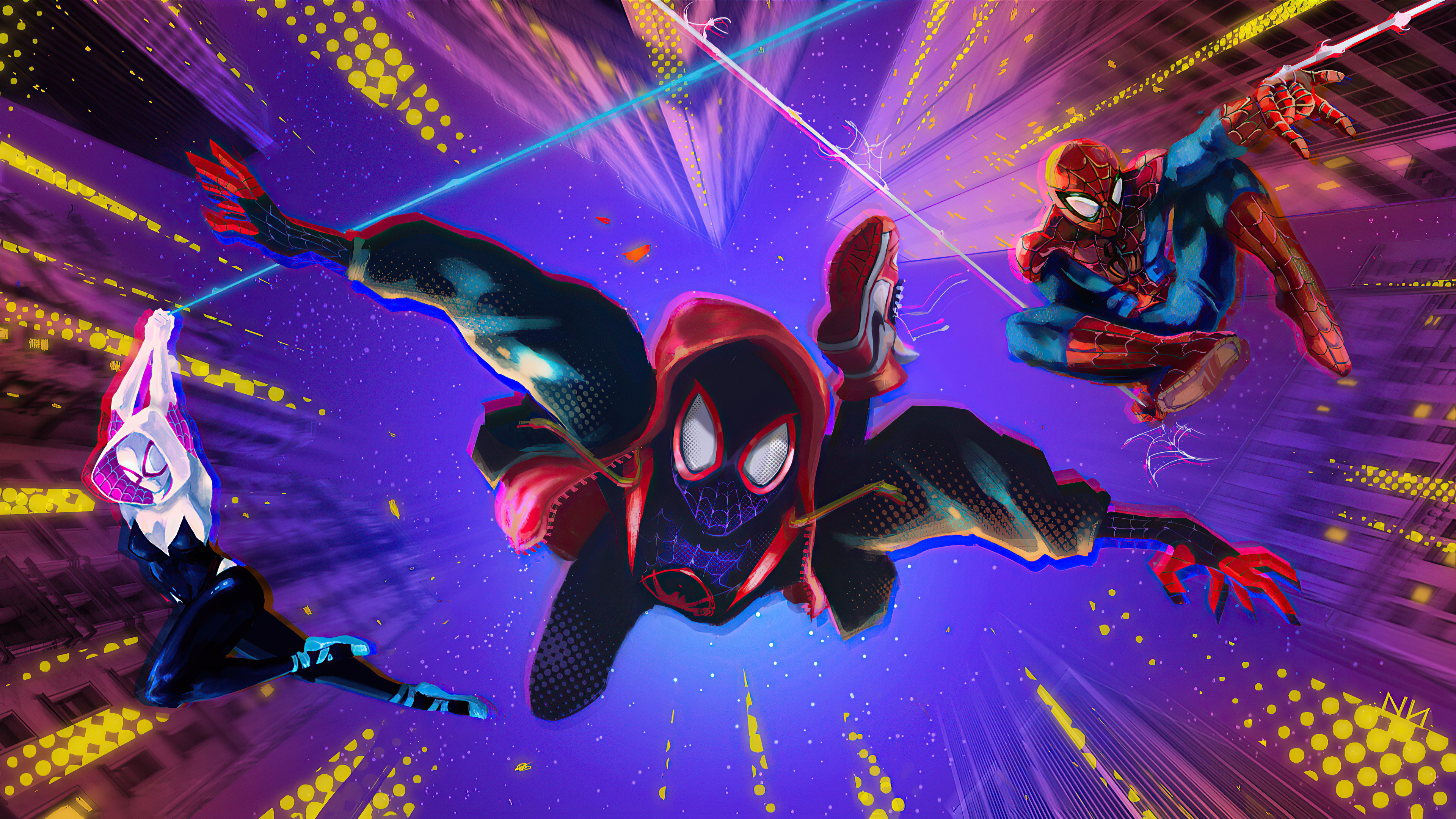 Spider-Man, Spider-Gwen, and Miles Morales in action HD Wallpaper
