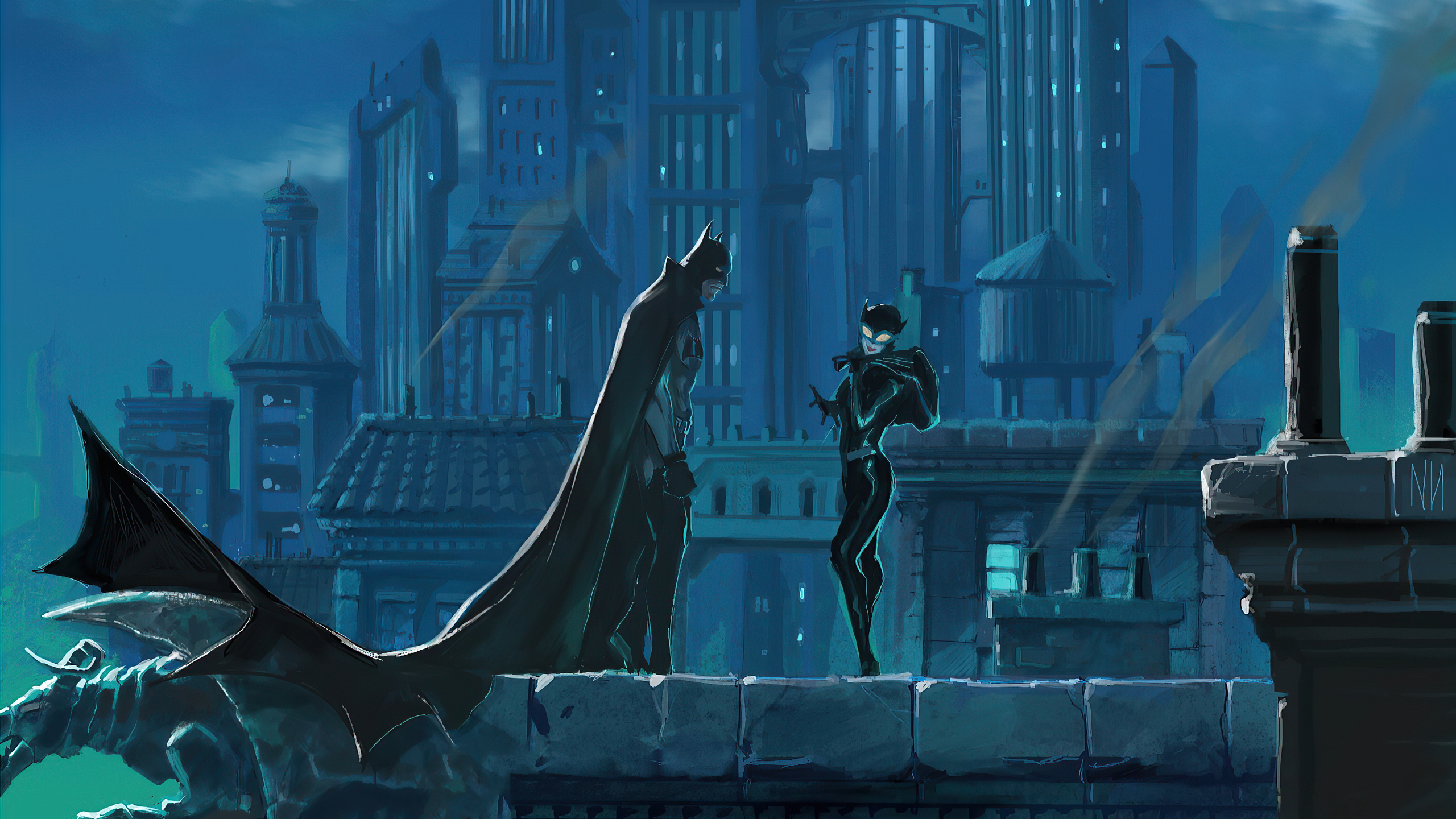 Batman and Catwoman on a rooftop in Gotham City HD Wallpaper