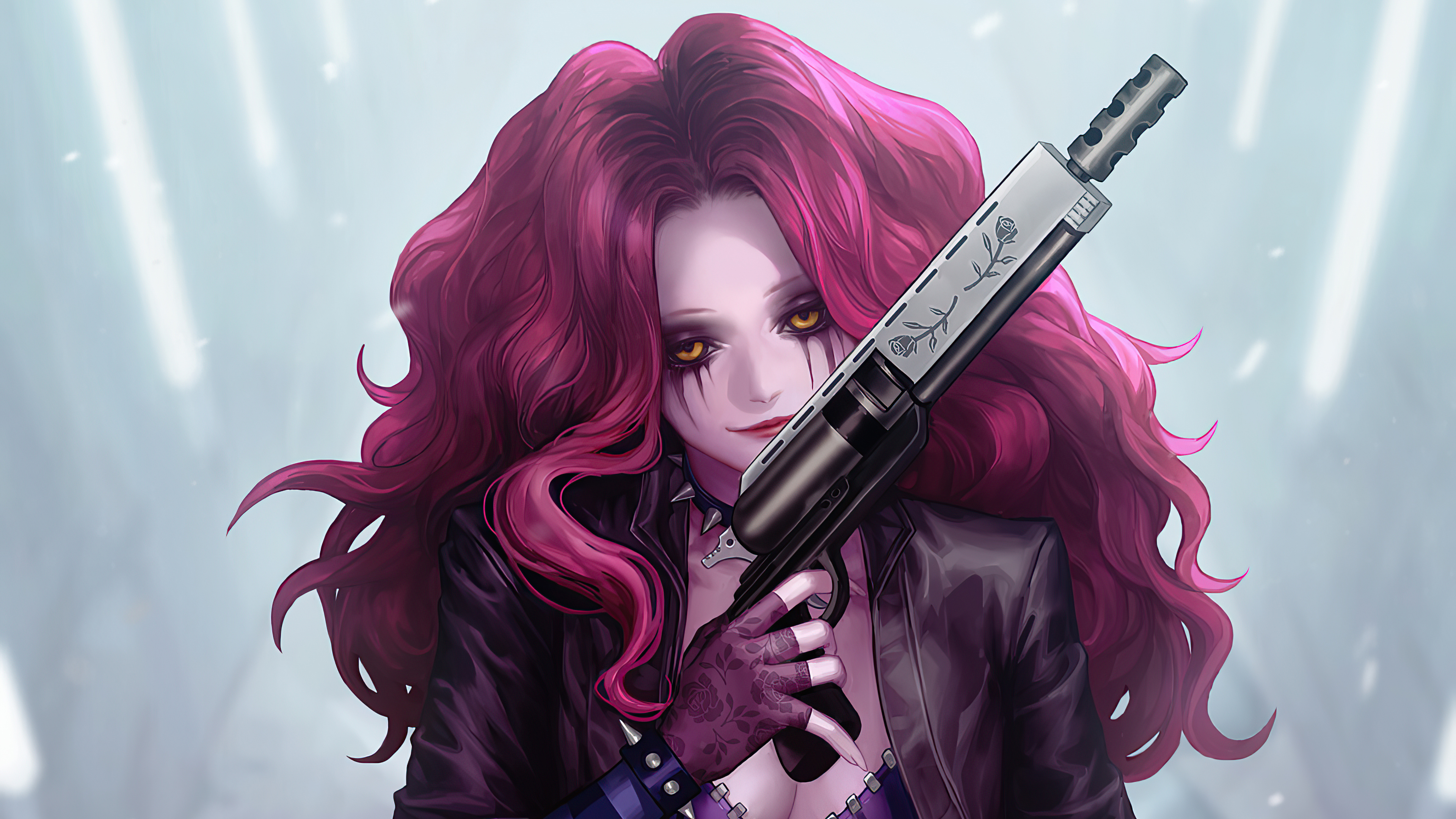 Woman with pink hair holding a gun HD Wallpaper