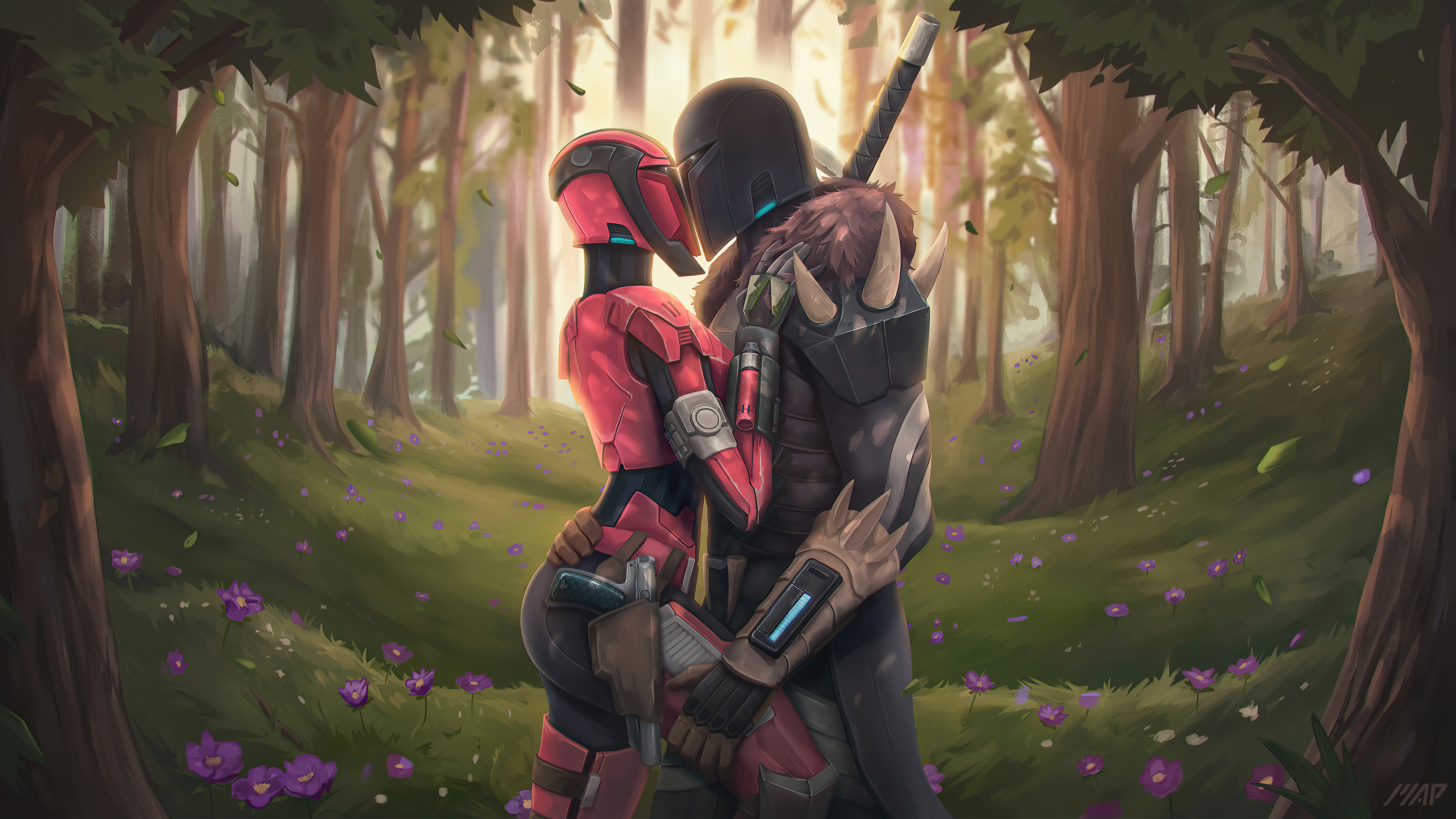 Mandalorian couple kissing in a forest HD Wallpaper