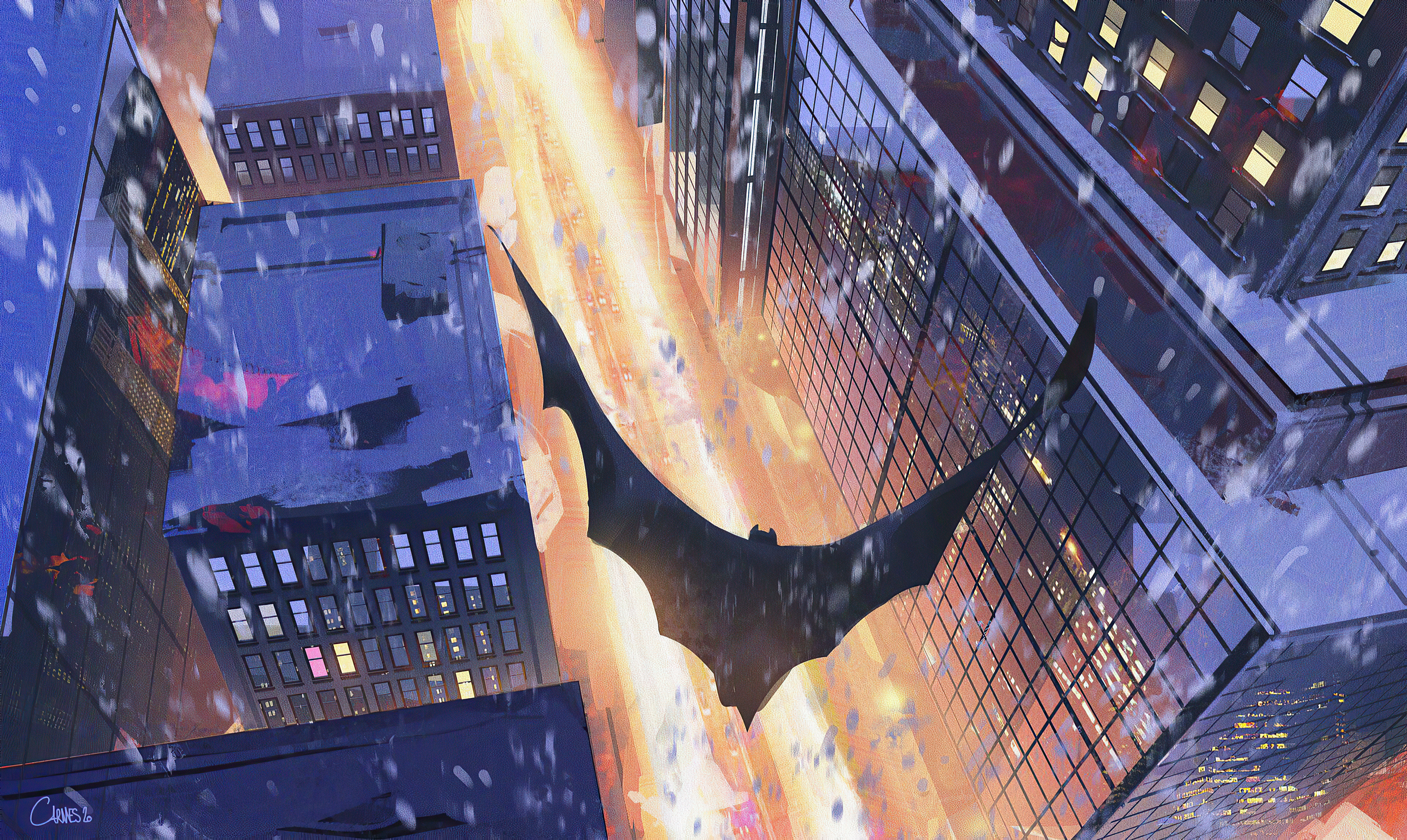 Batman flying over a city at night HD Wallpaper