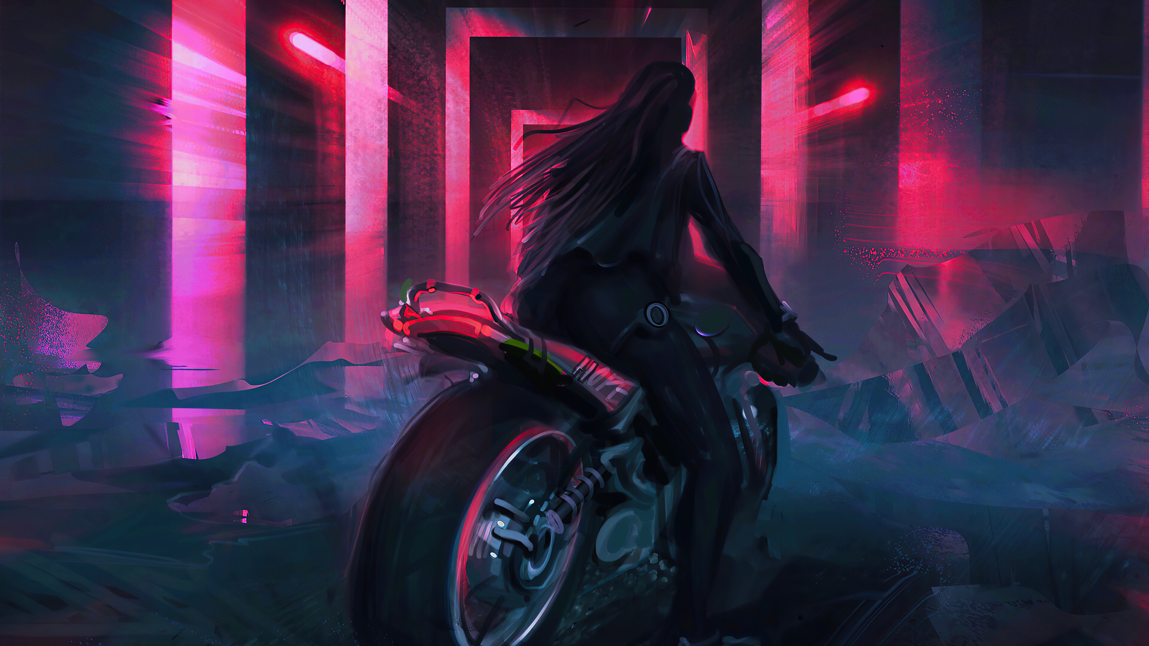 Artwork of a person riding a motorcycle in a neon tunnel HD Wallpaper
