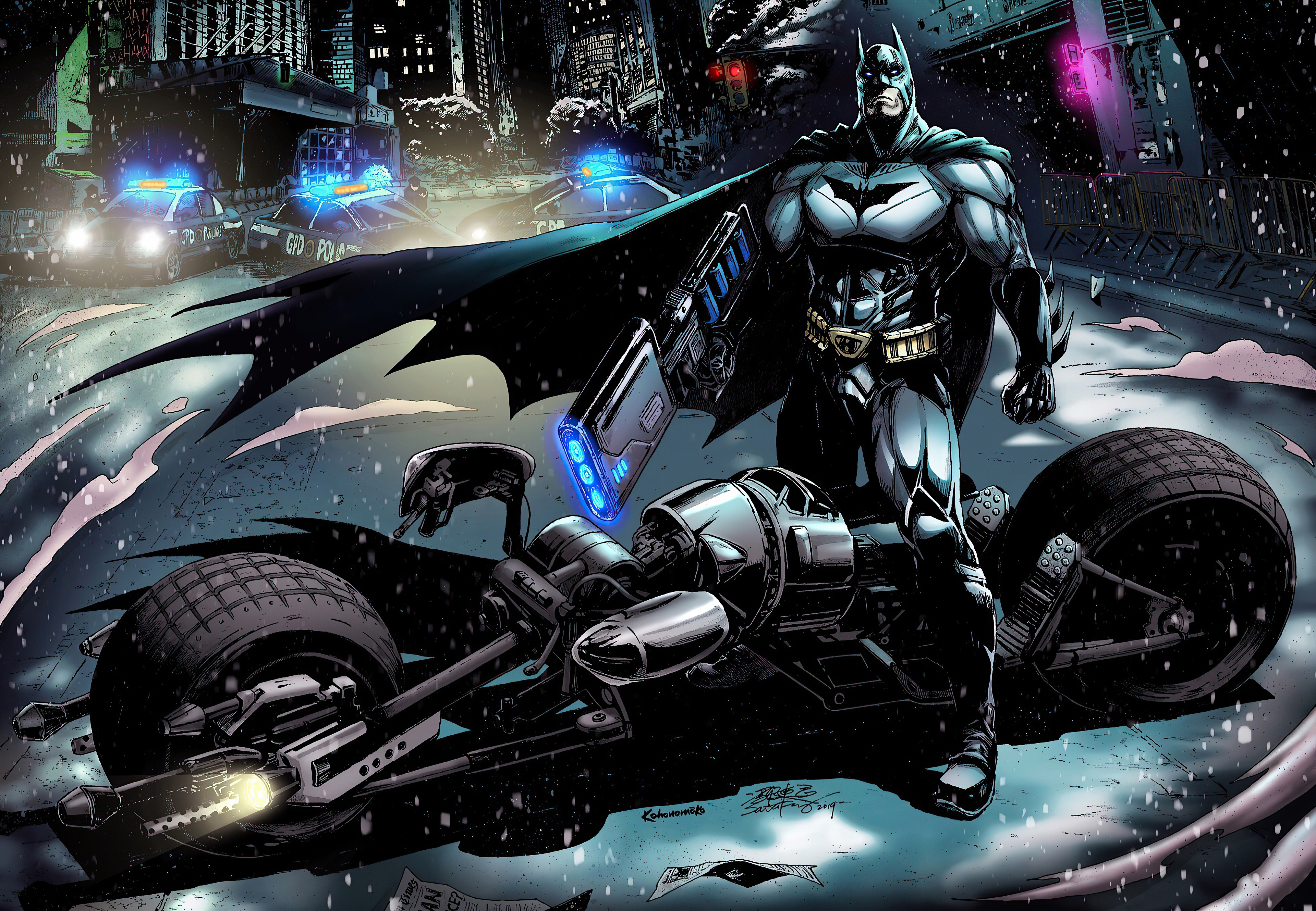 Batman with Batcycle in Gotham City HD Wallpaper