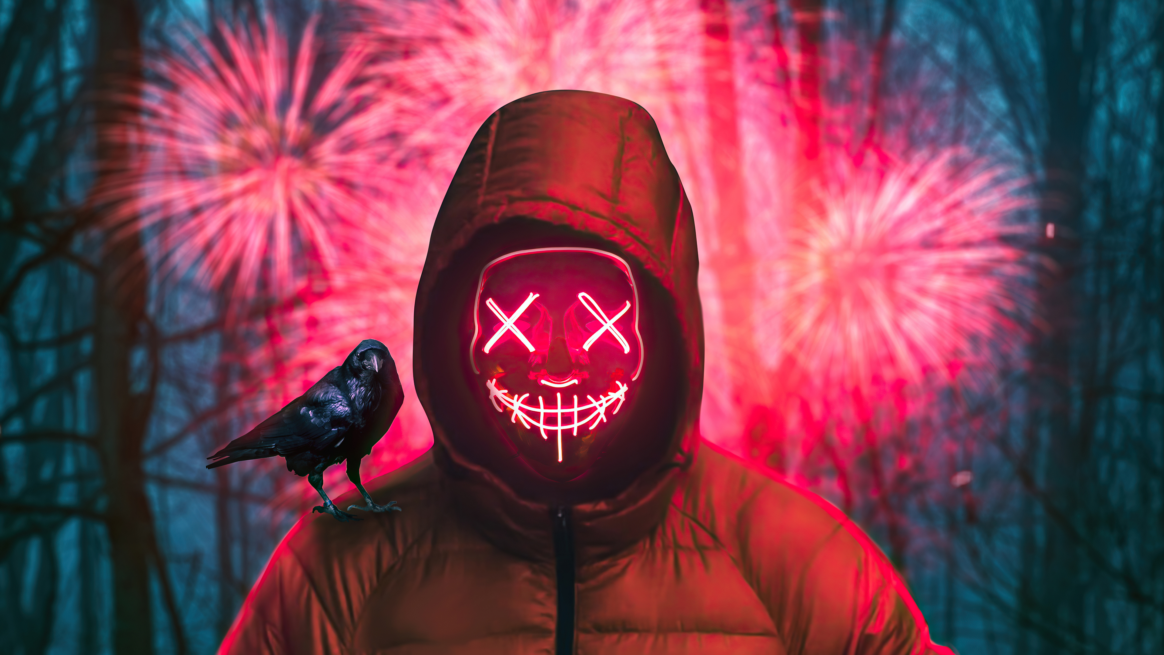 Person in Anonymous Mask with Crow and Fireworks HD Wallpaper