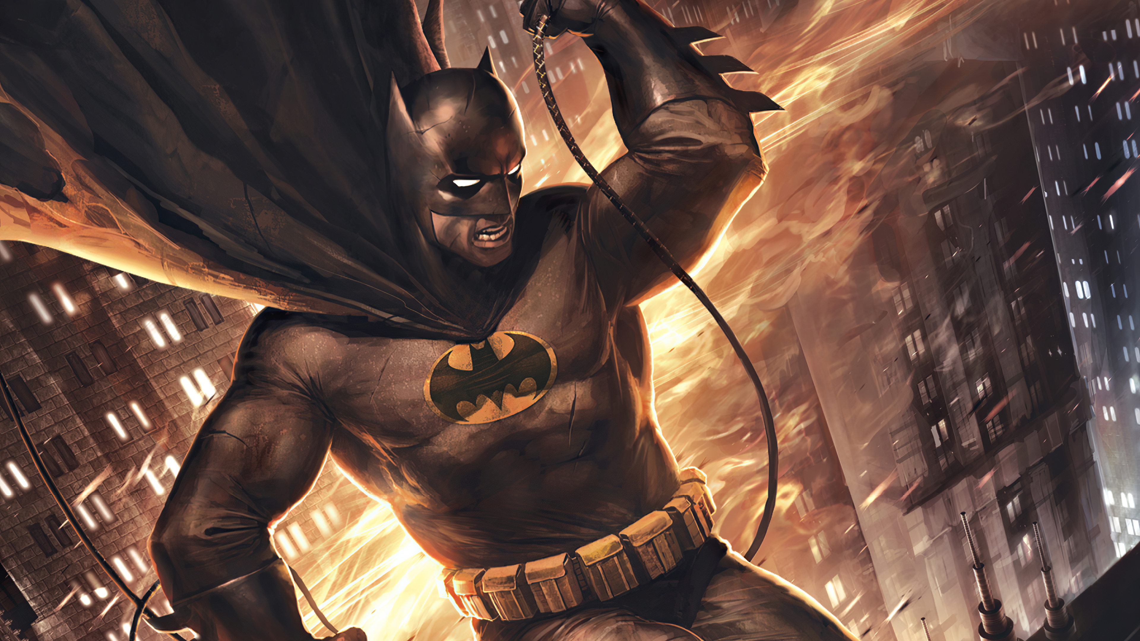 Batman in a dark city with fire HD Wallpaper