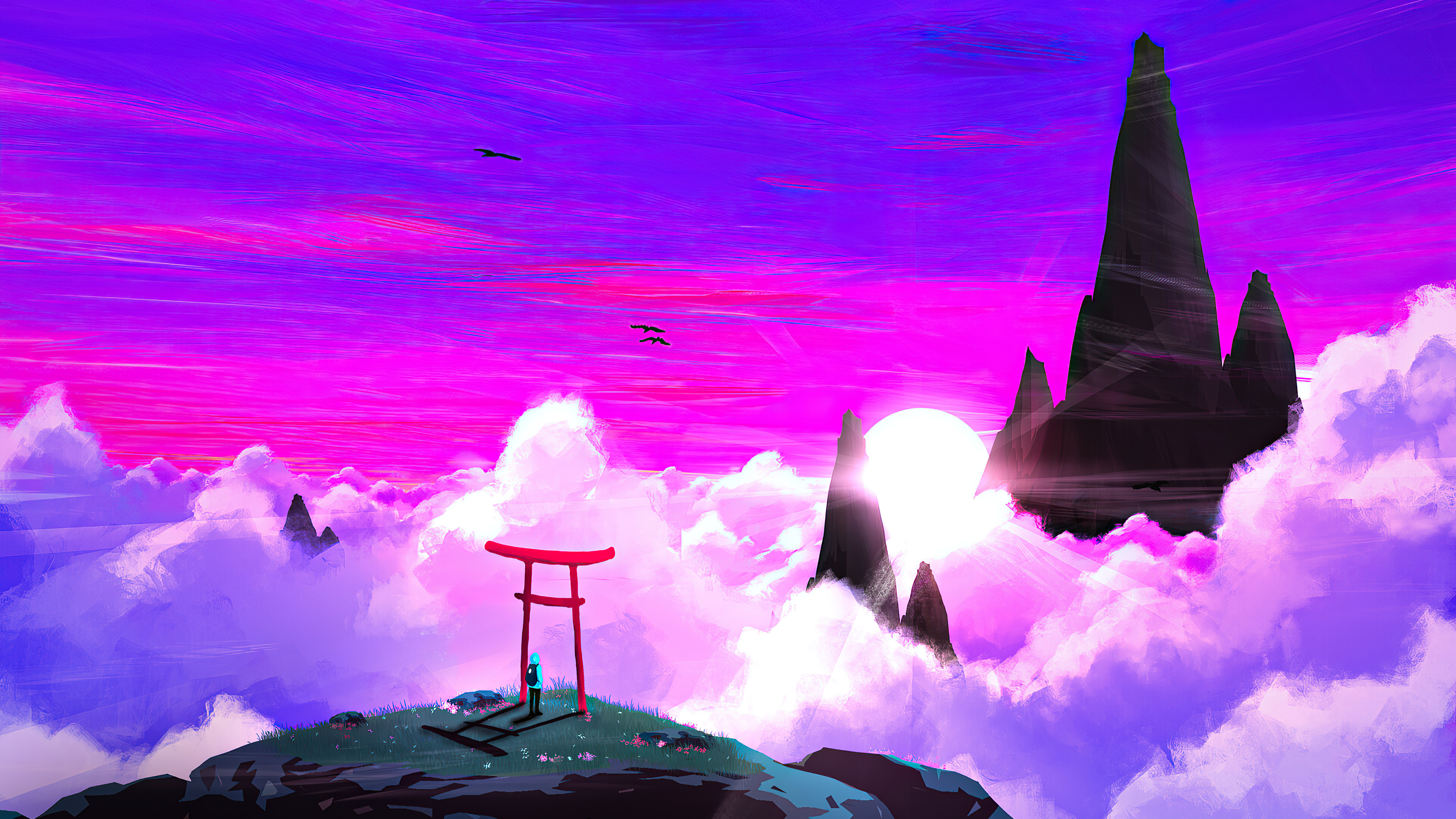 Digital art of a torii gate on clouds with mountains HD Wallpaper