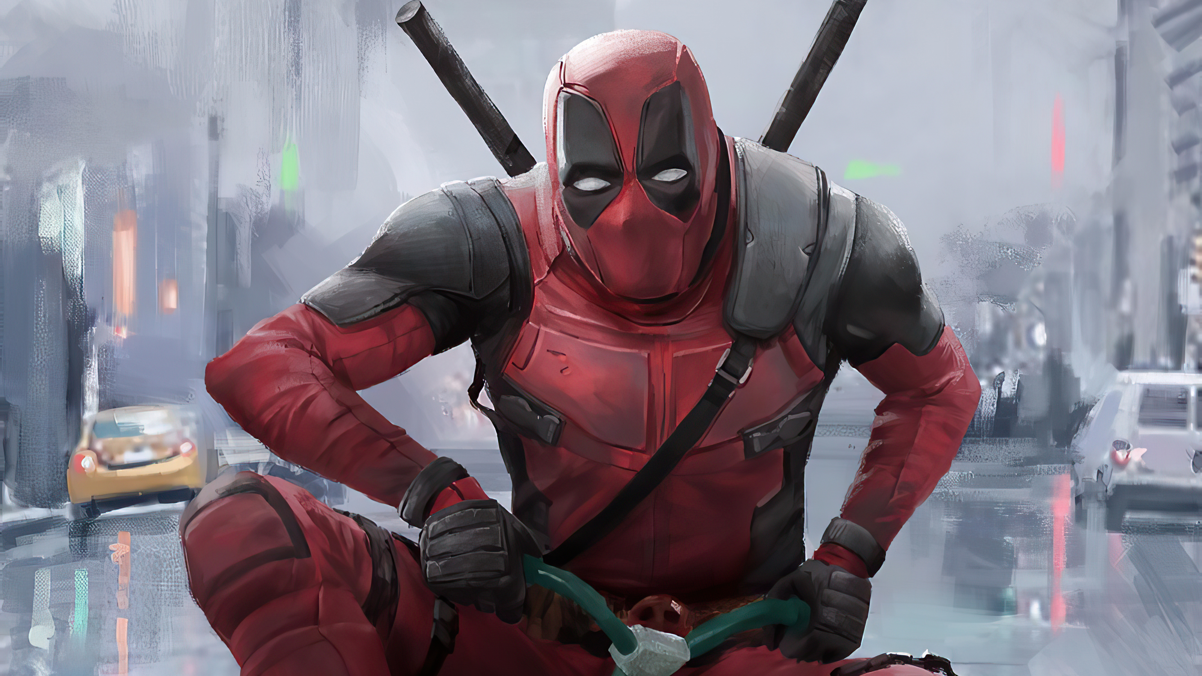 Deadpool sitting on a bicycle in a city HD Wallpaper