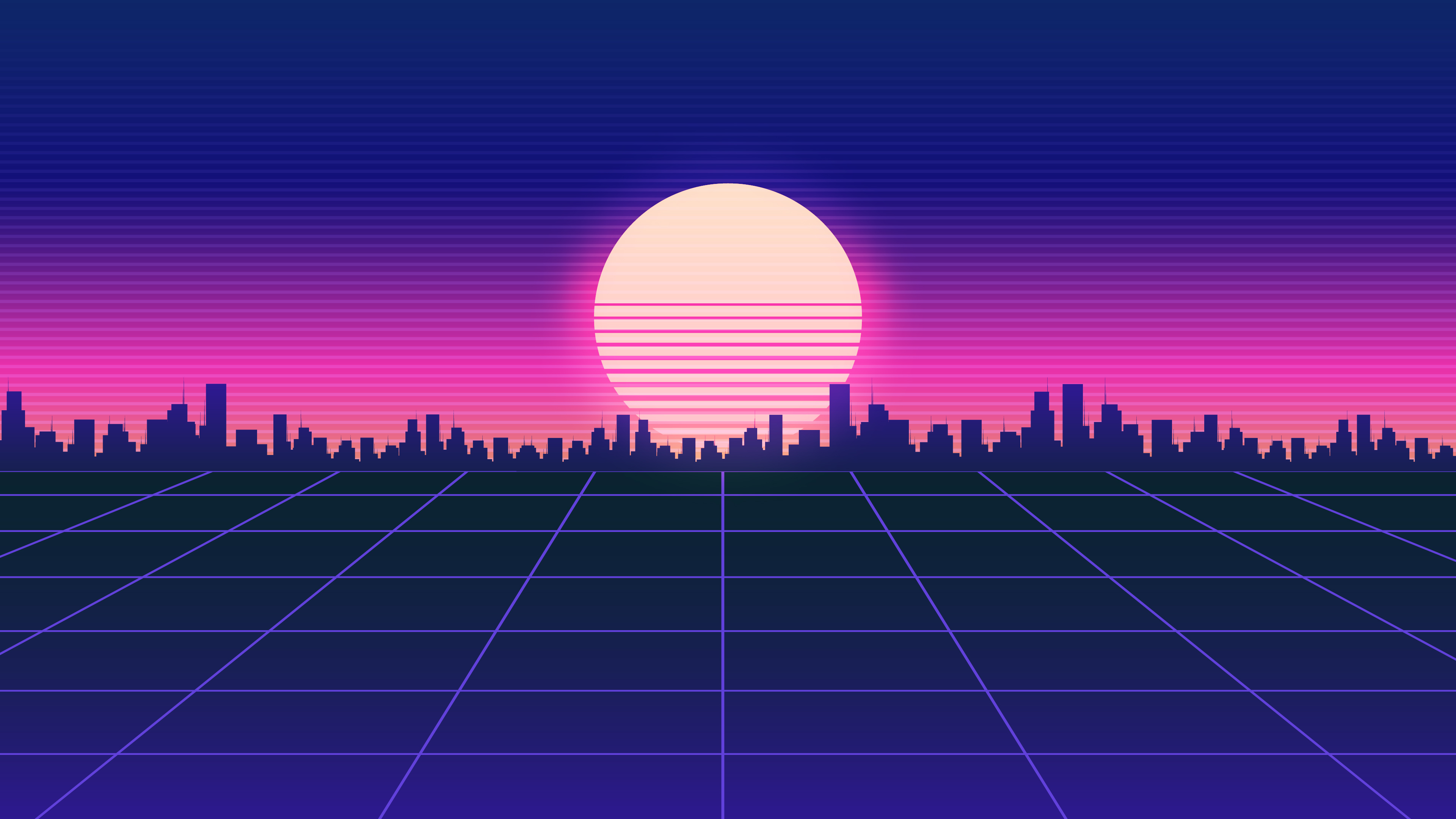 Retrowave cityscape with a large sun HD Wallpaper