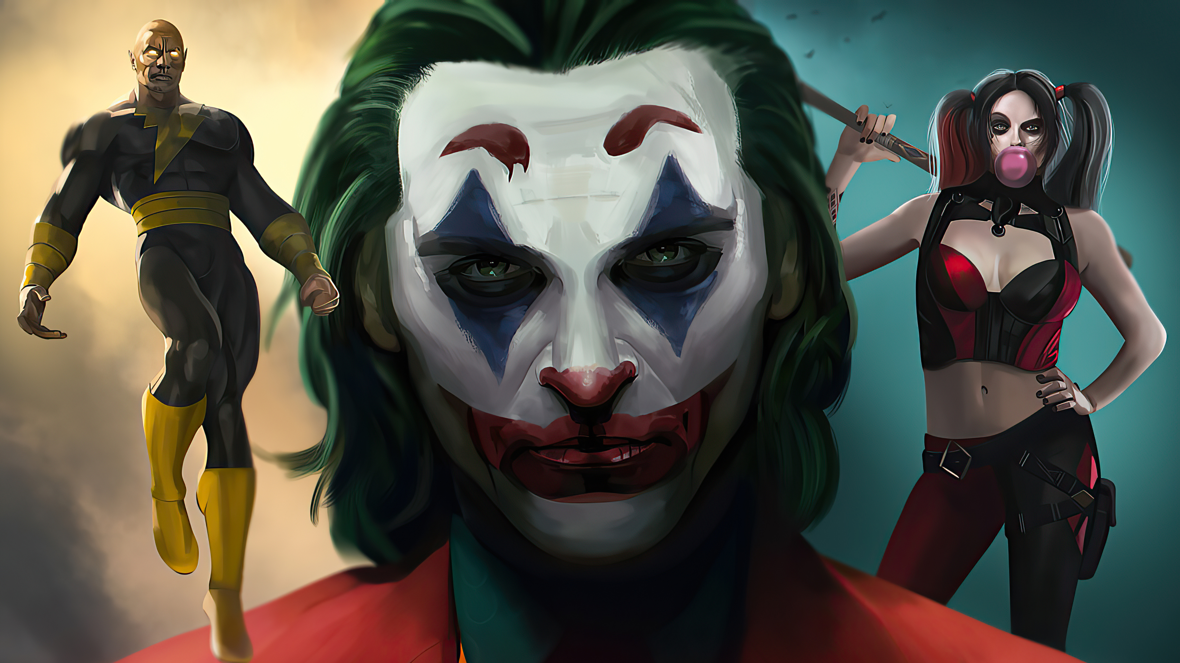 Joker, Black Adam, and Harley Quinn artwork HD Wallpaper