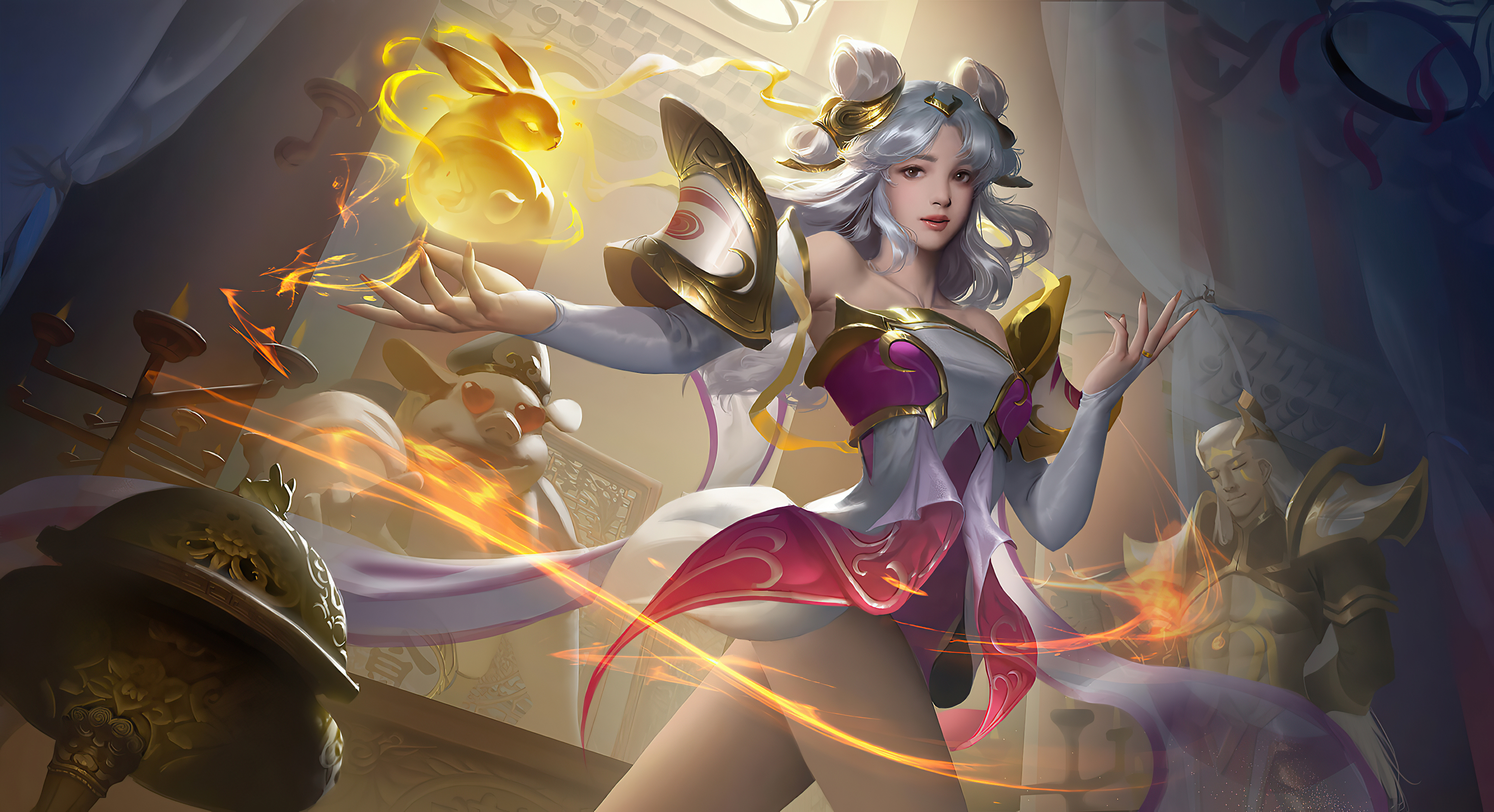 Artwork of a woman with a golden rabbit HD Wallpaper