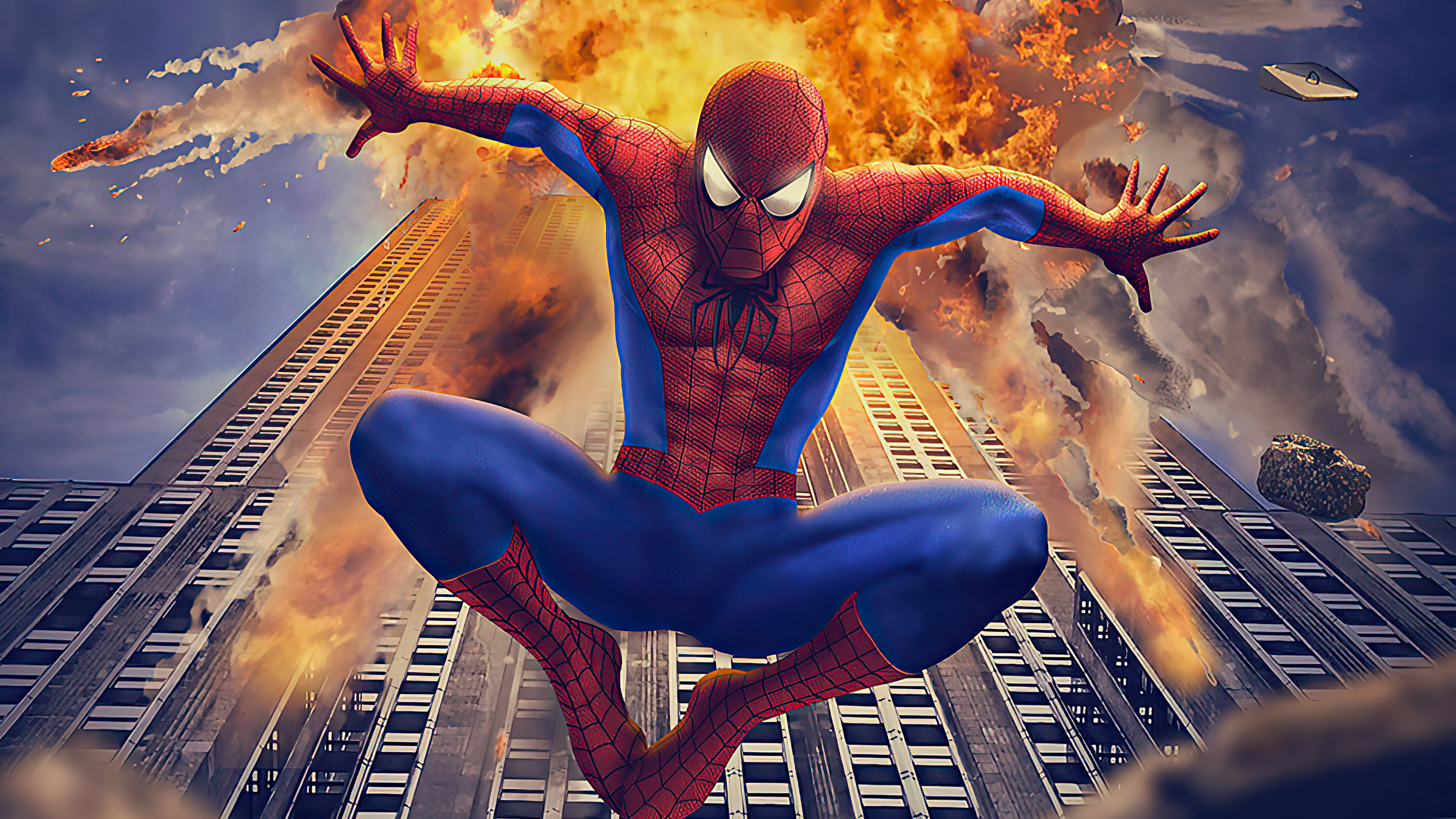 Spiderman in front of a skyscraper explosion HD Wallpaper