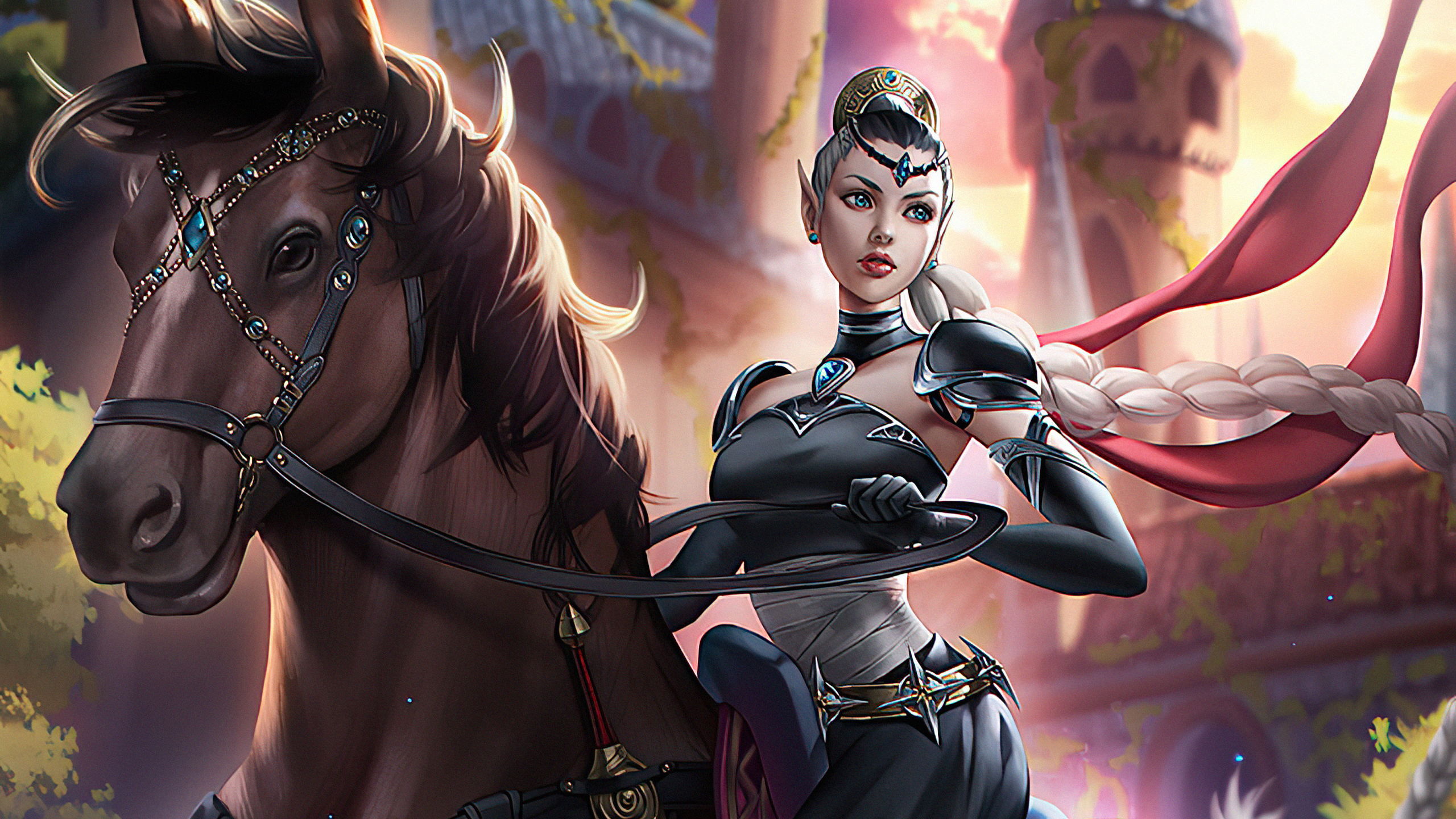 Elf warrior woman riding a horse in fantasy setting HD Wallpaper