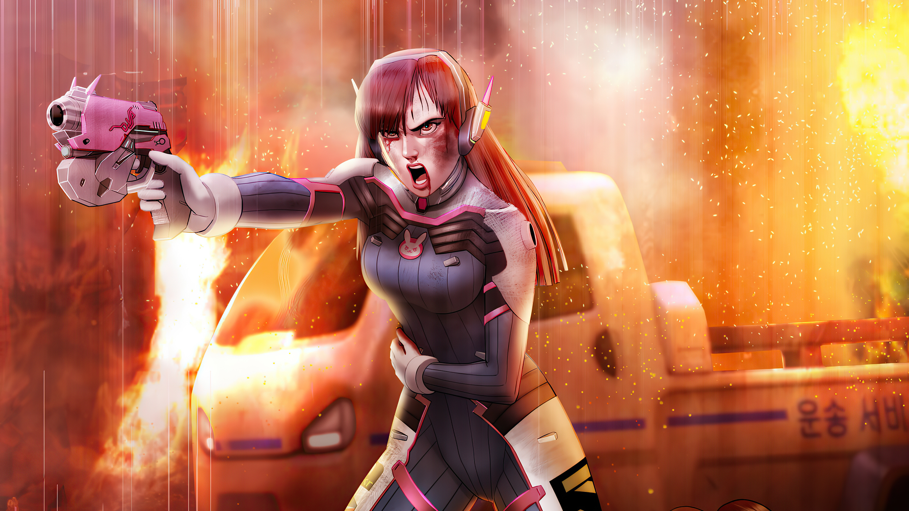 D.Va from Overwatch in a fiery battle HD Wallpaper