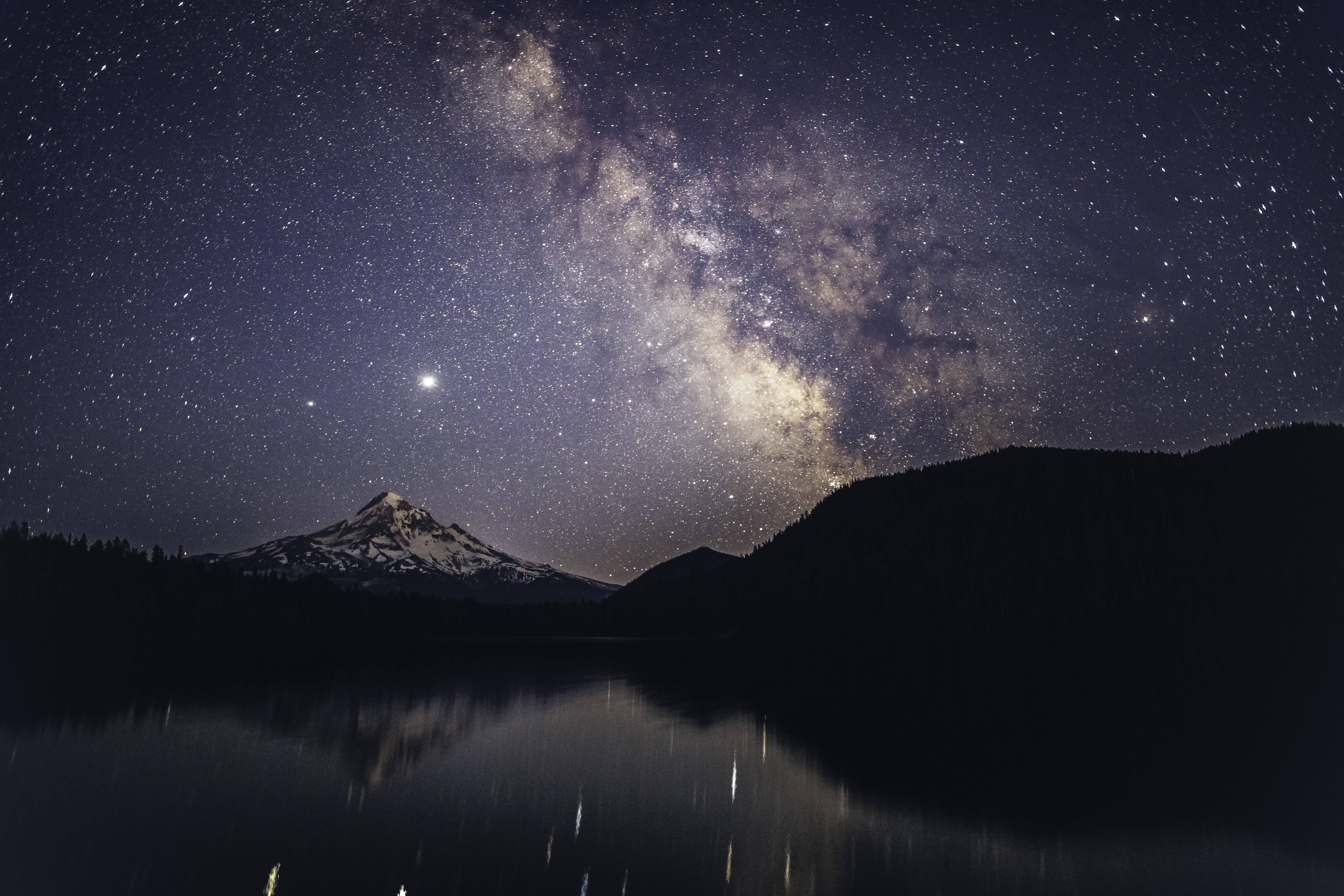 Milky Way over a mountain lake HD Wallpaper
