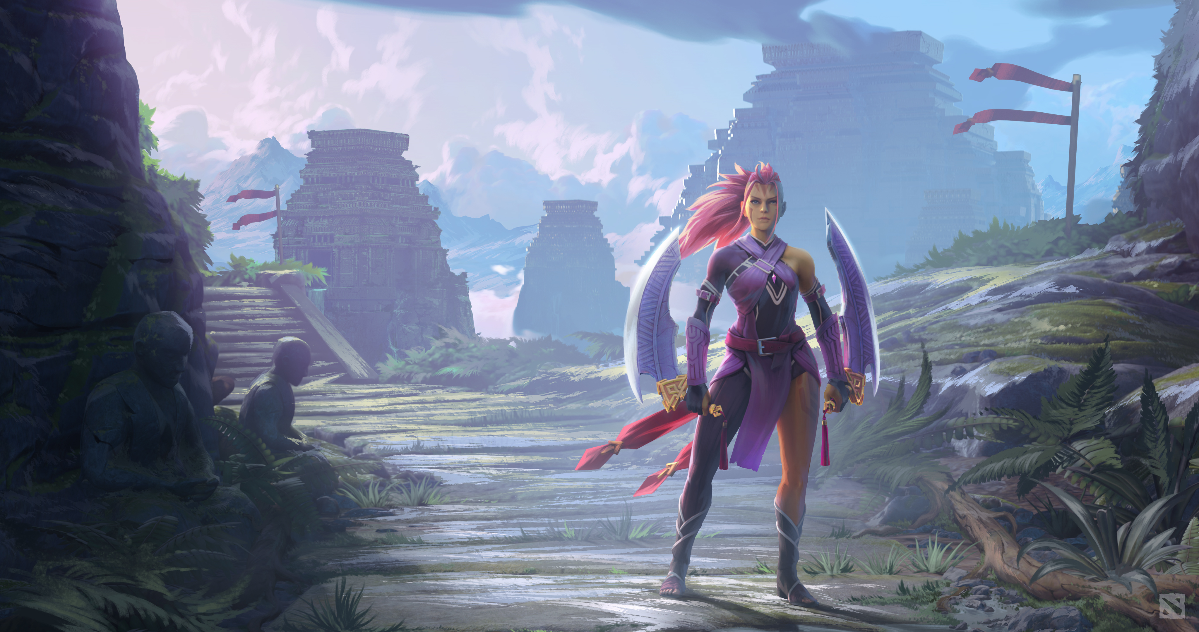 Dota 2 character with scythes in ancient ruins HD Wallpaper