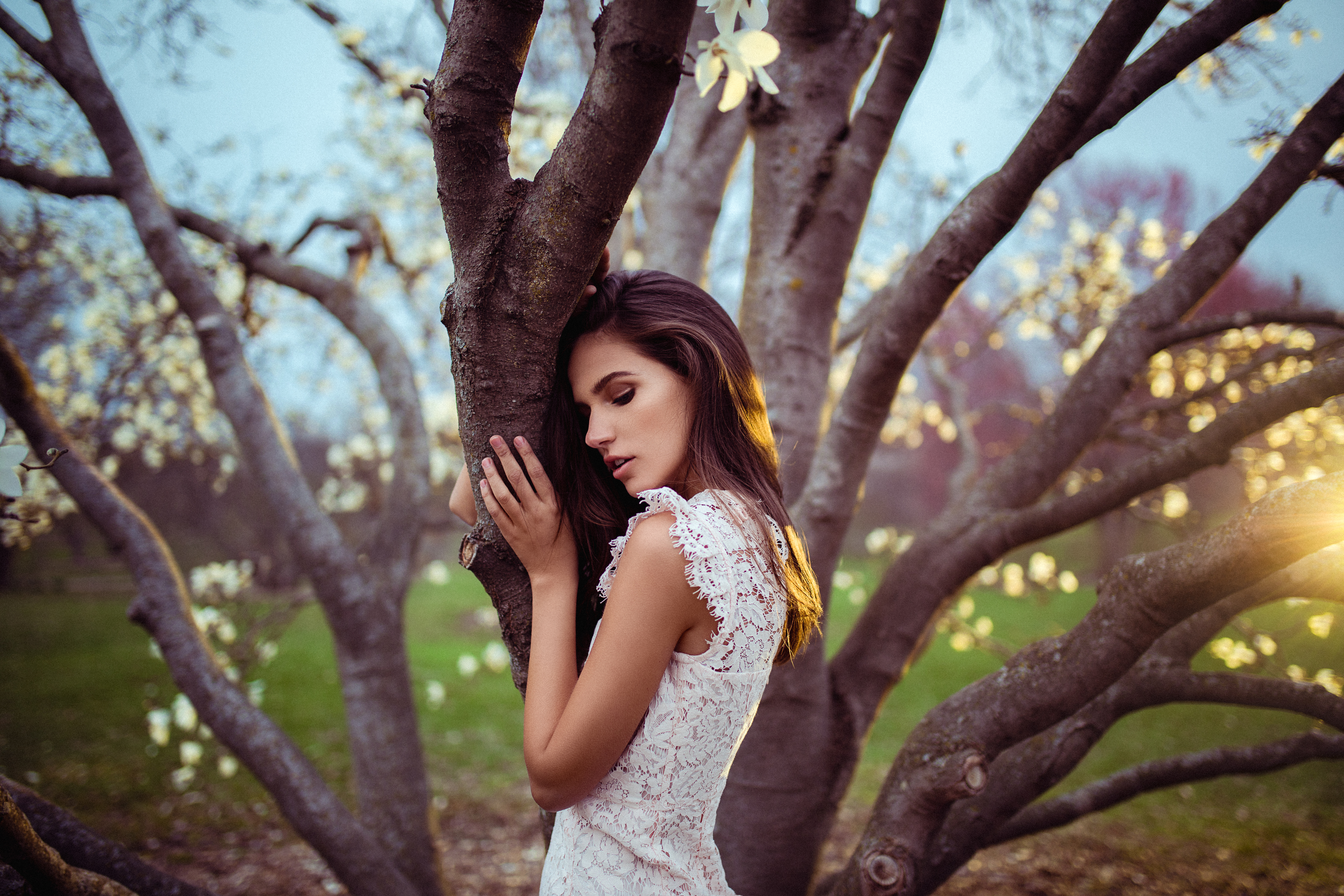 Model in white dress leaning on tree HD Wallpaper