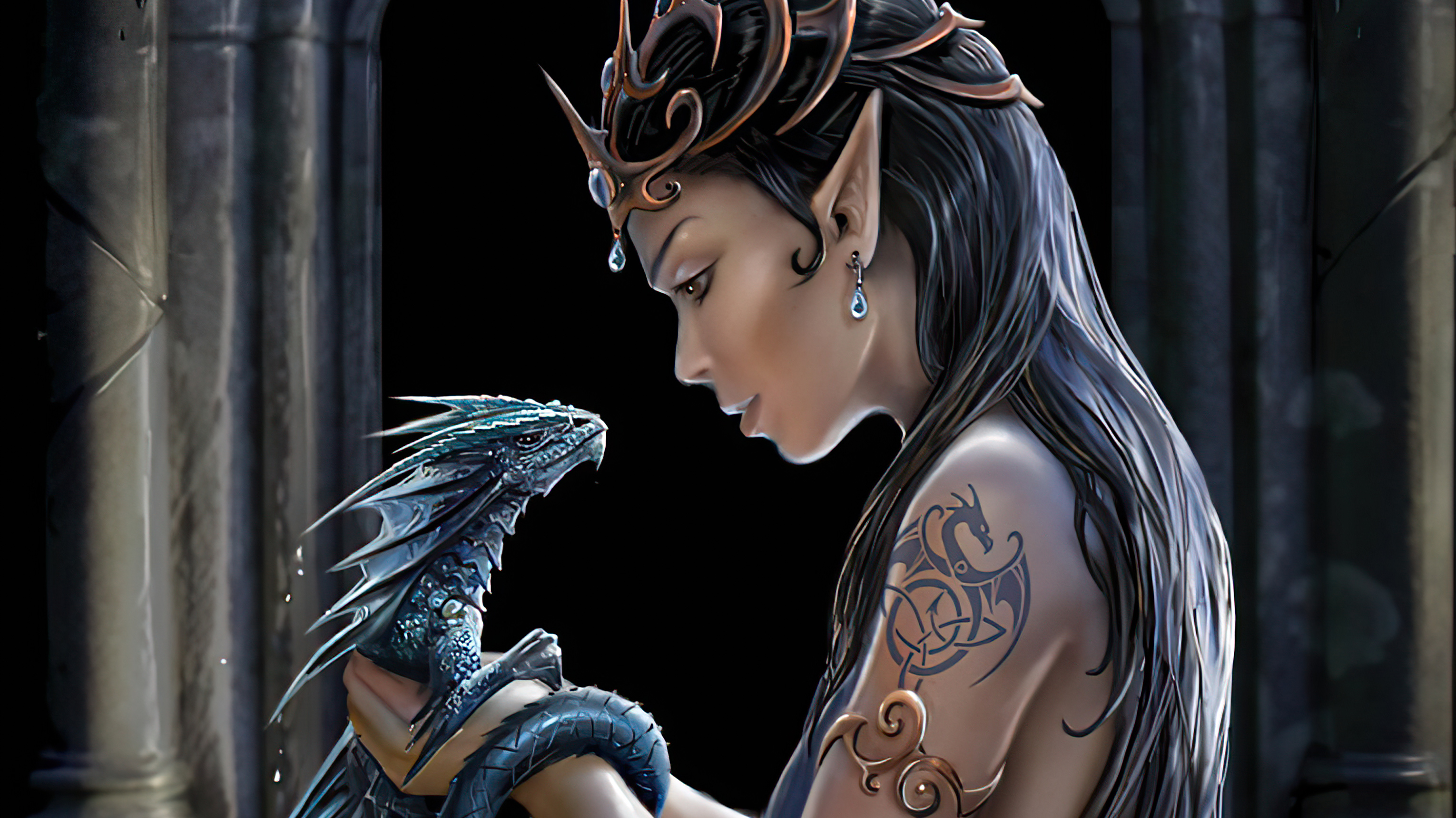 Elf woman with a dragon tattoo holding a baby dragon HD Wallpaper
