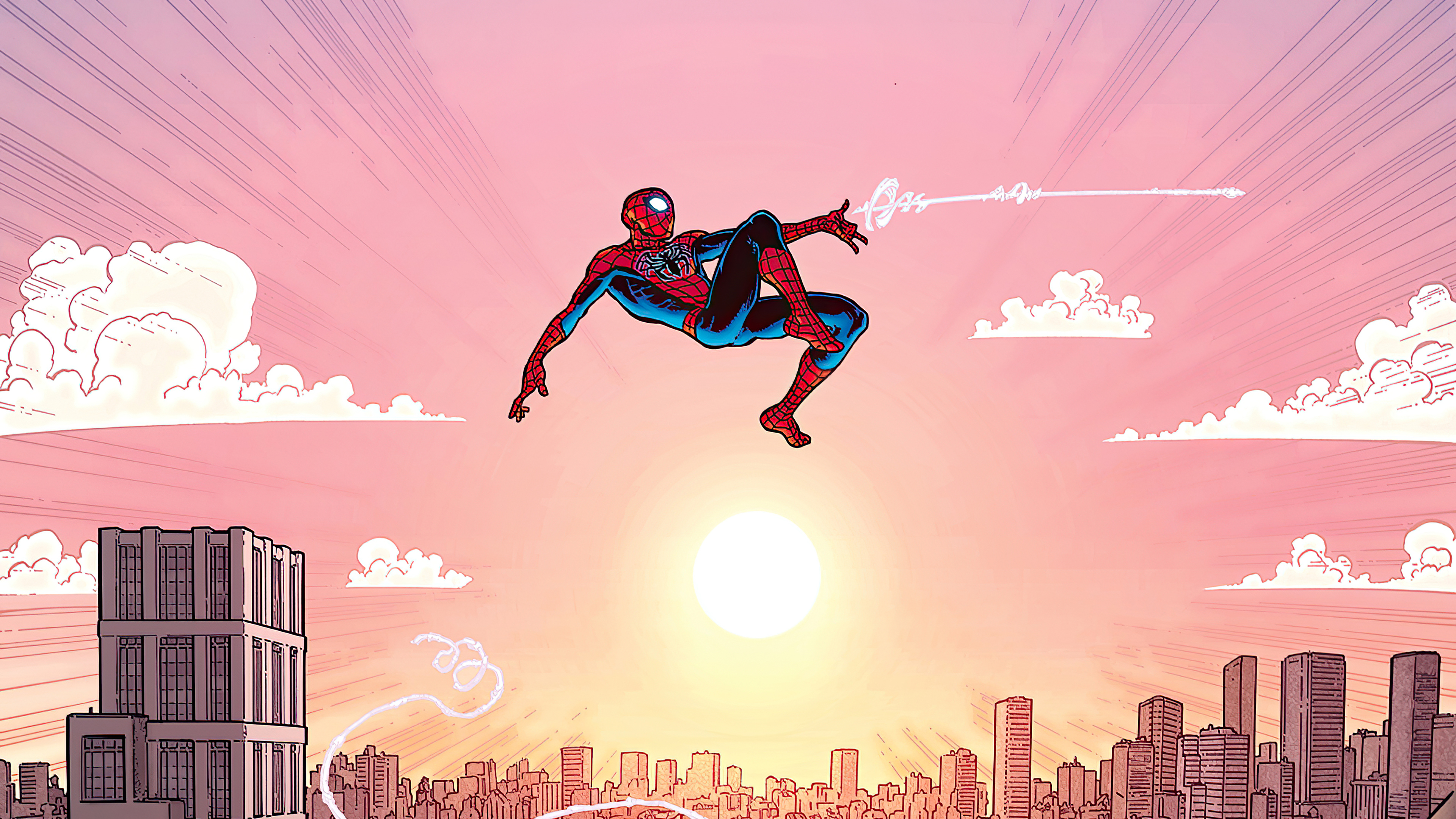 Spider-Man swinging over a city at sunset HD Wallpaper