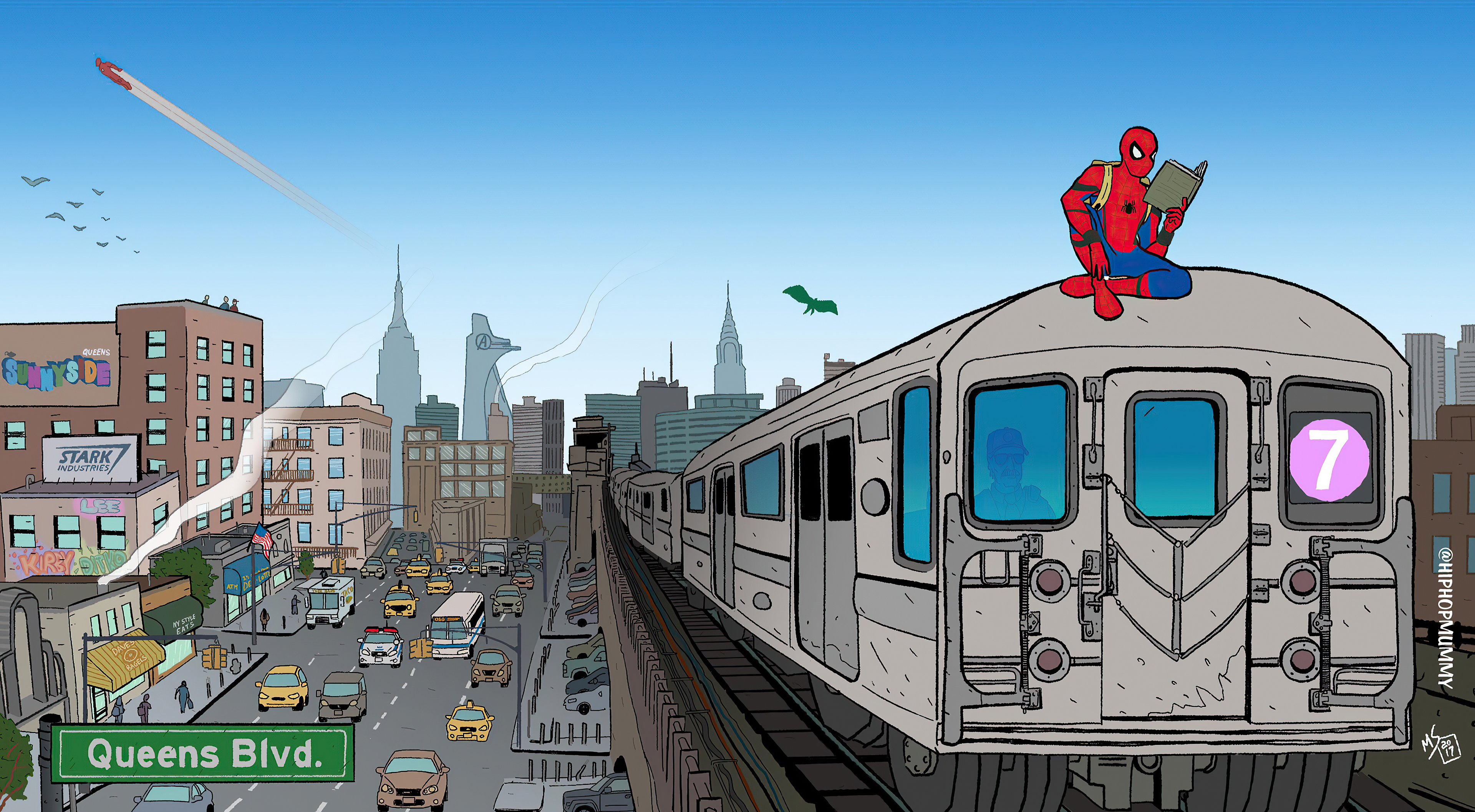 Spider-Man reading on a subway train in New York City HD Wallpaper