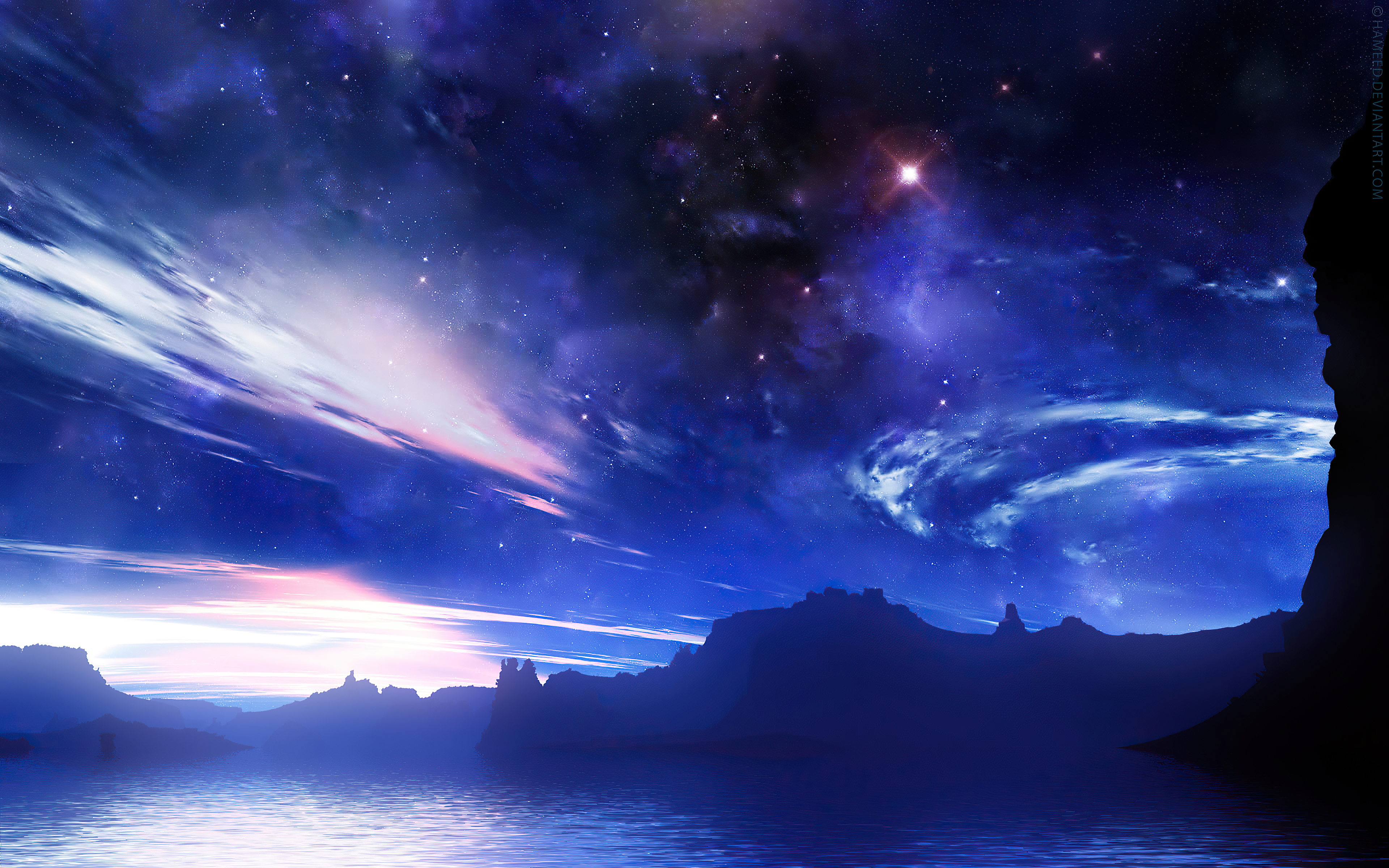 Sci-fi digital art of a starry nebula over a rocky landscape HD Wallpaper