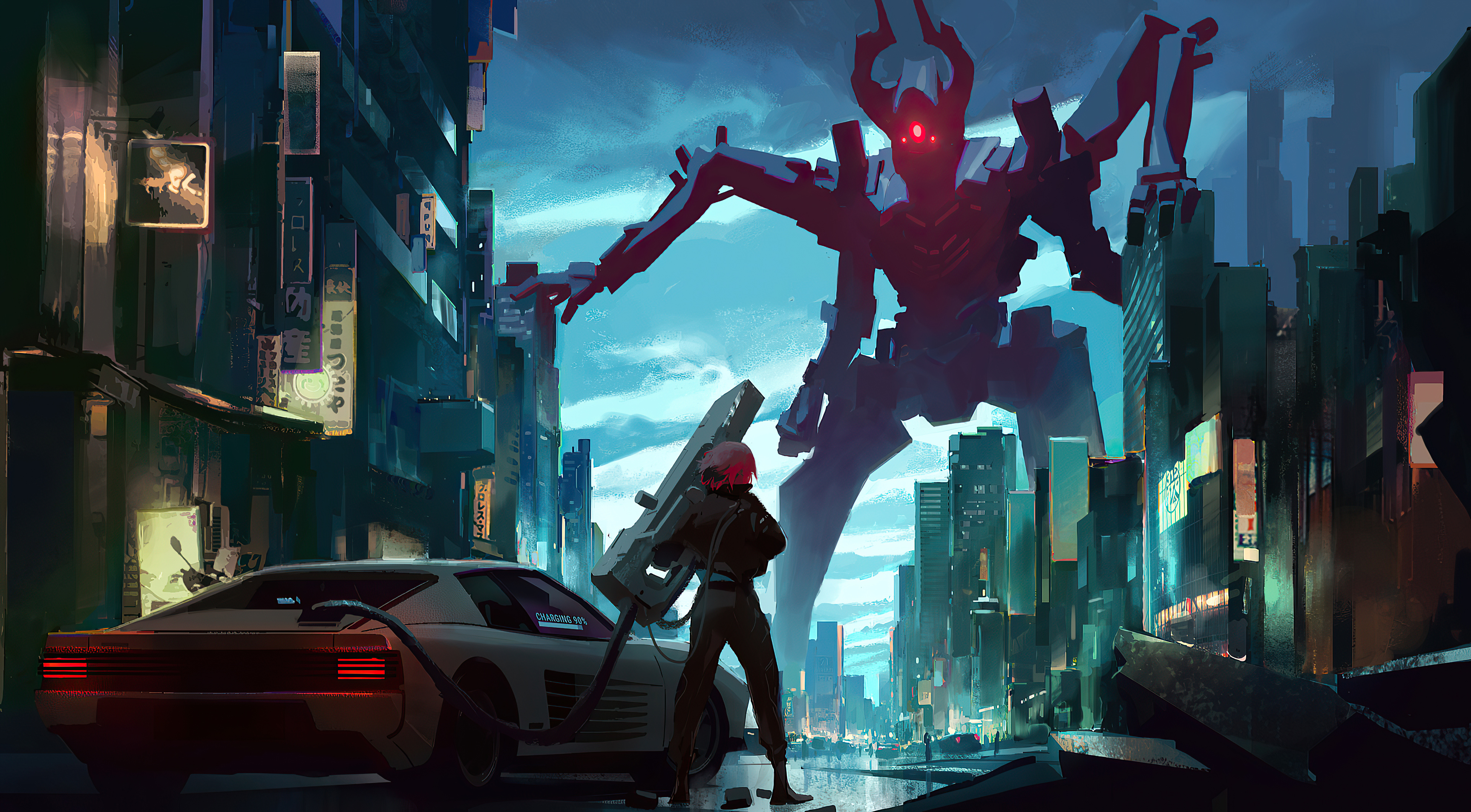 Giant Robot Attacks City with Pilot and Car HD Wallpaper