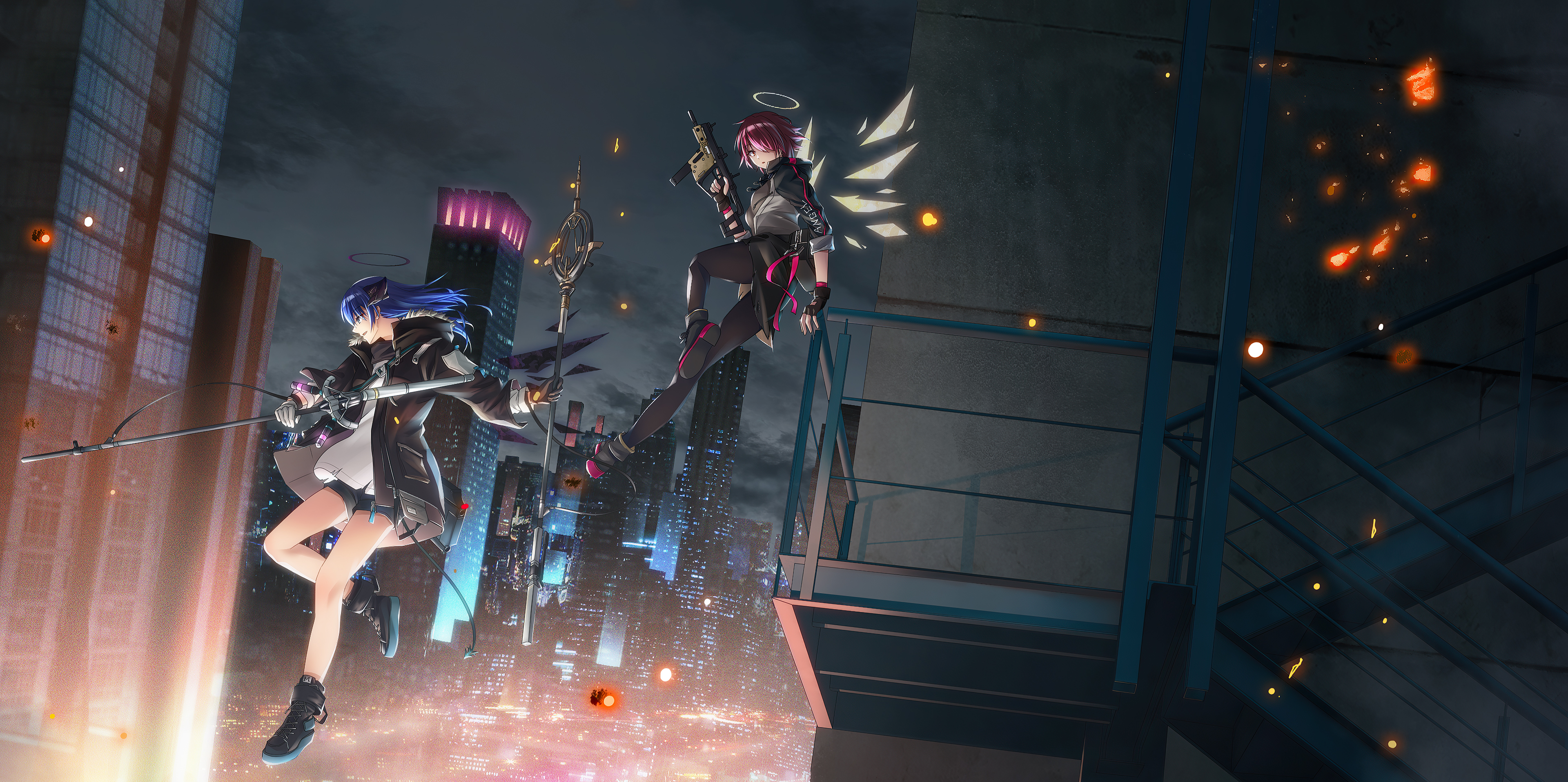 Two characters from Arknights on a rooftop at night HD Wallpaper