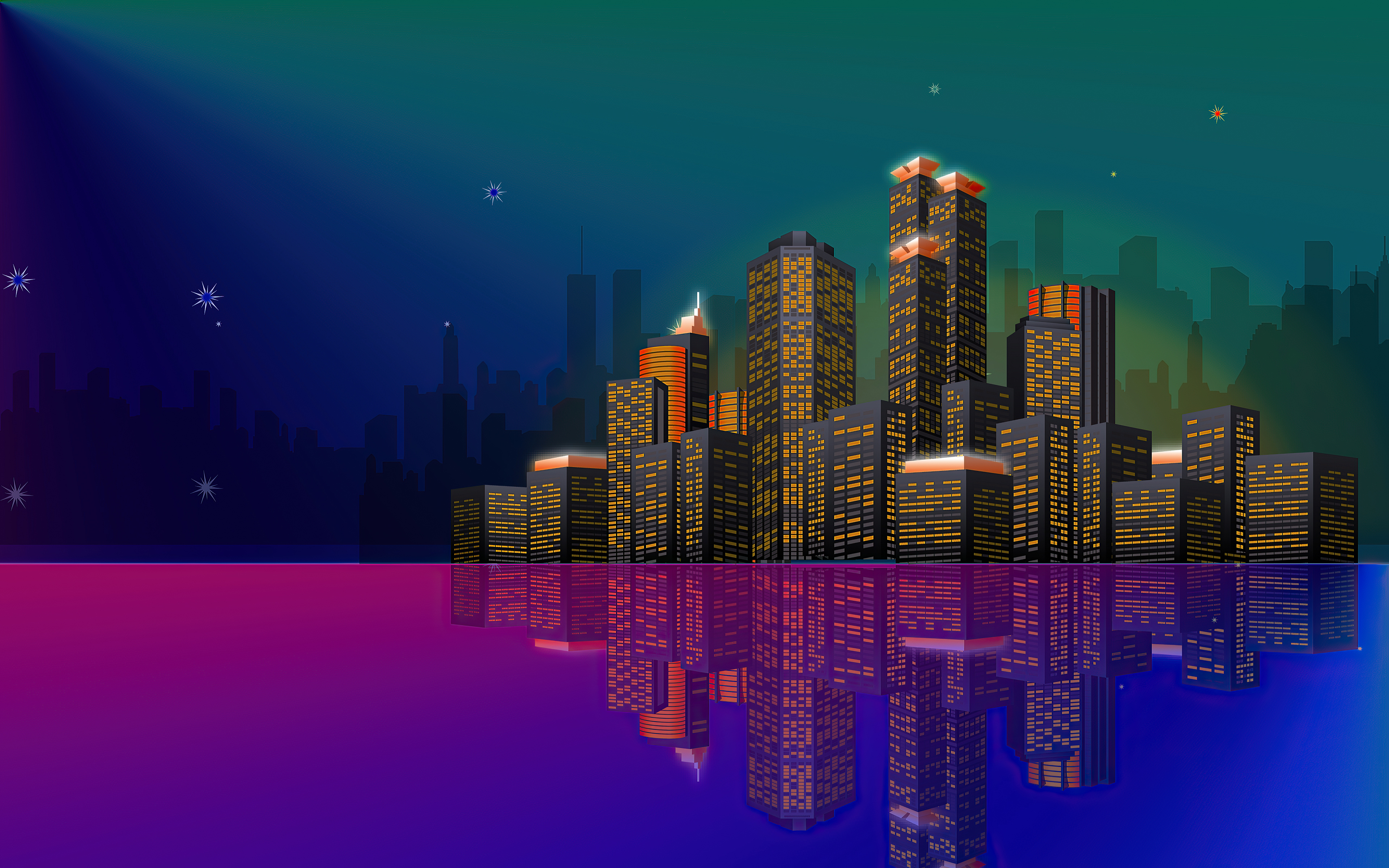 Minimalist cityscape with reflections at night HD Wallpaper