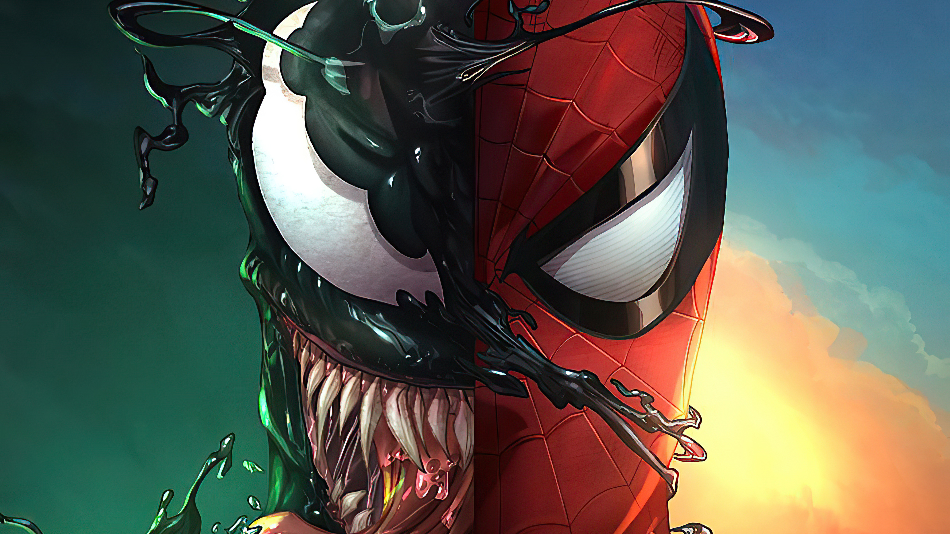 Spider-Man and Venom Split Face Artwork HD Wallpaper