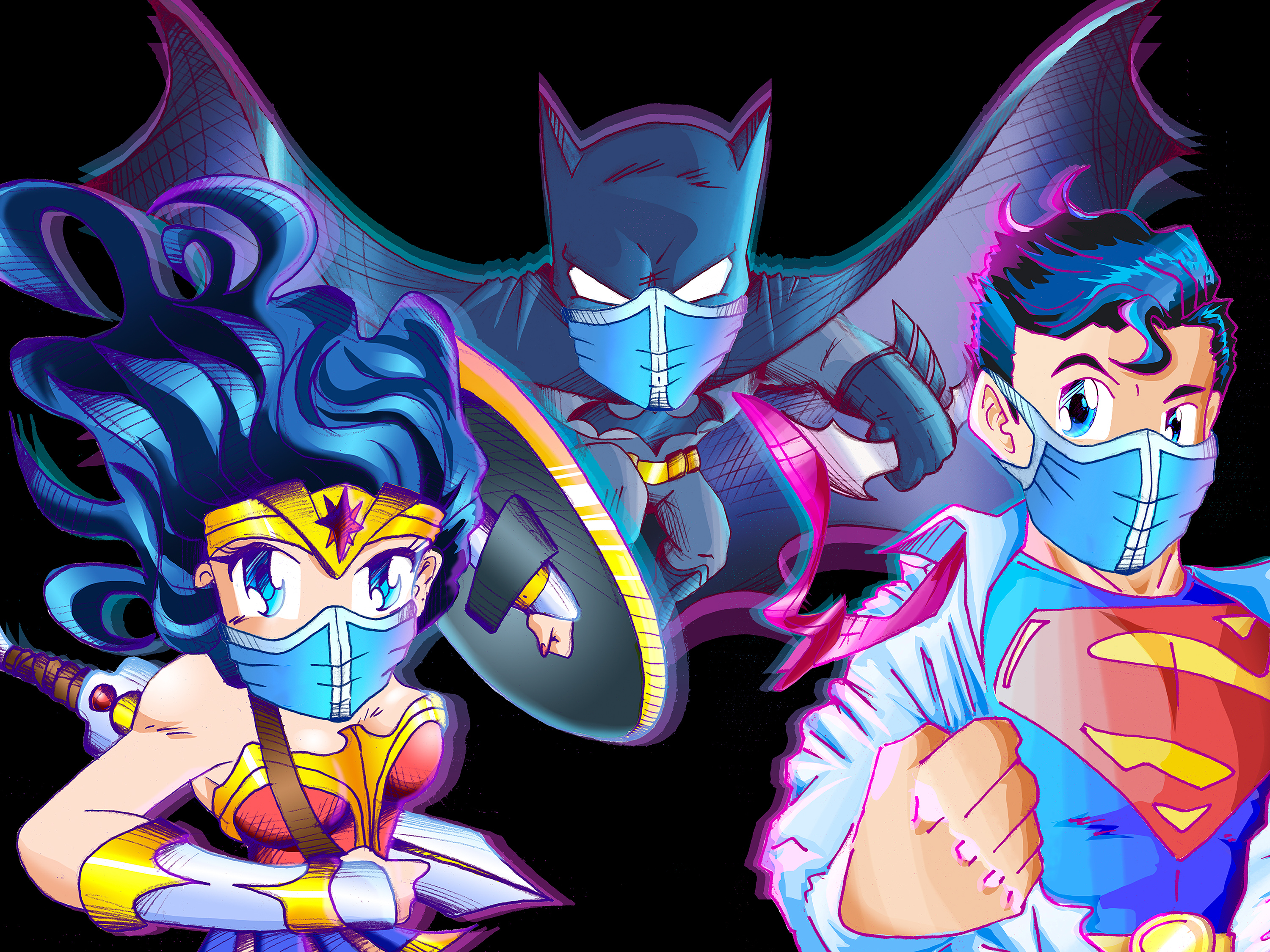 Superman, Batman, and Wonder Woman wearing masks HD Wallpaper