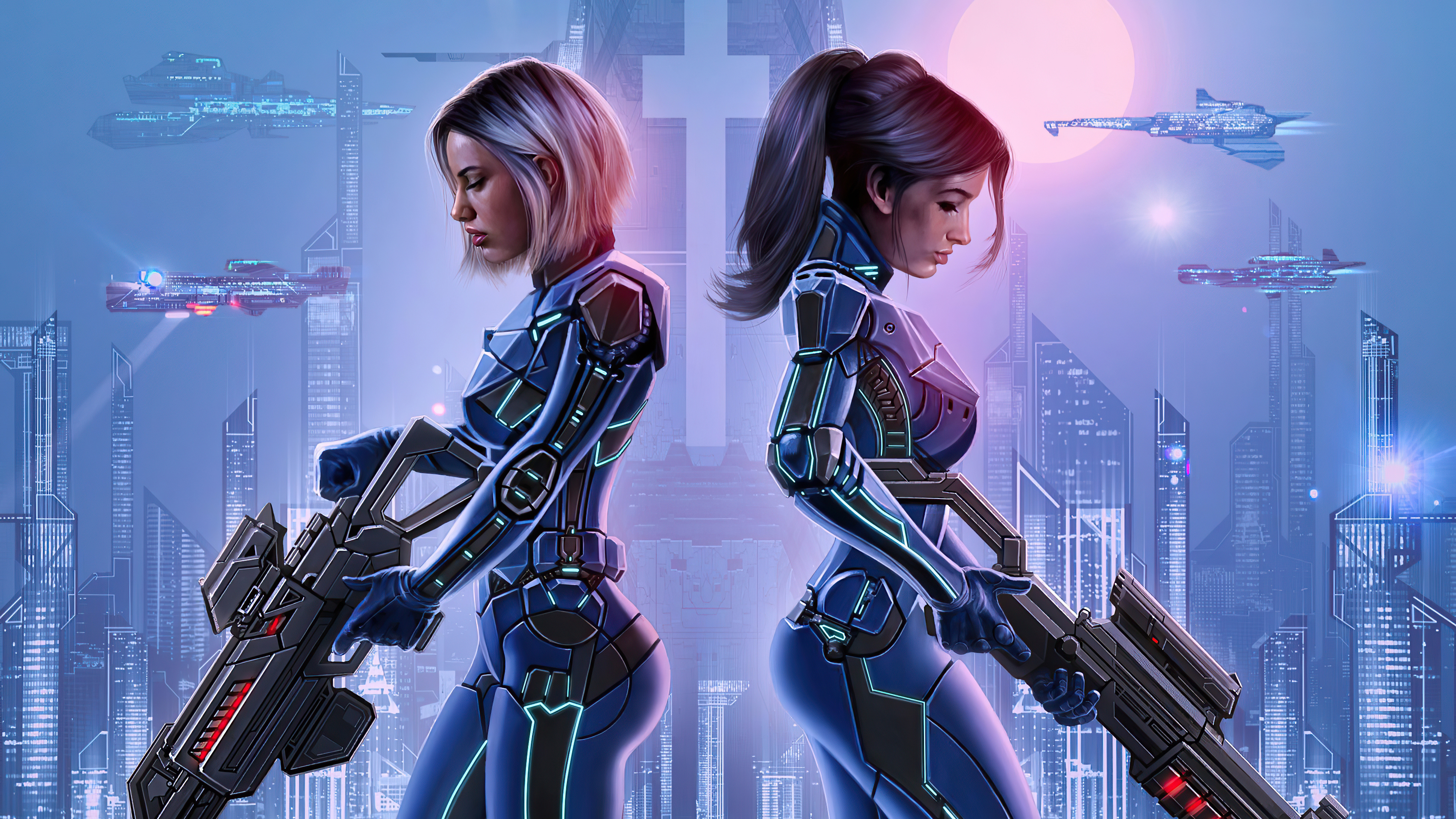Two women in futuristic armor with guns in a sci-fi city HD Wallpaper