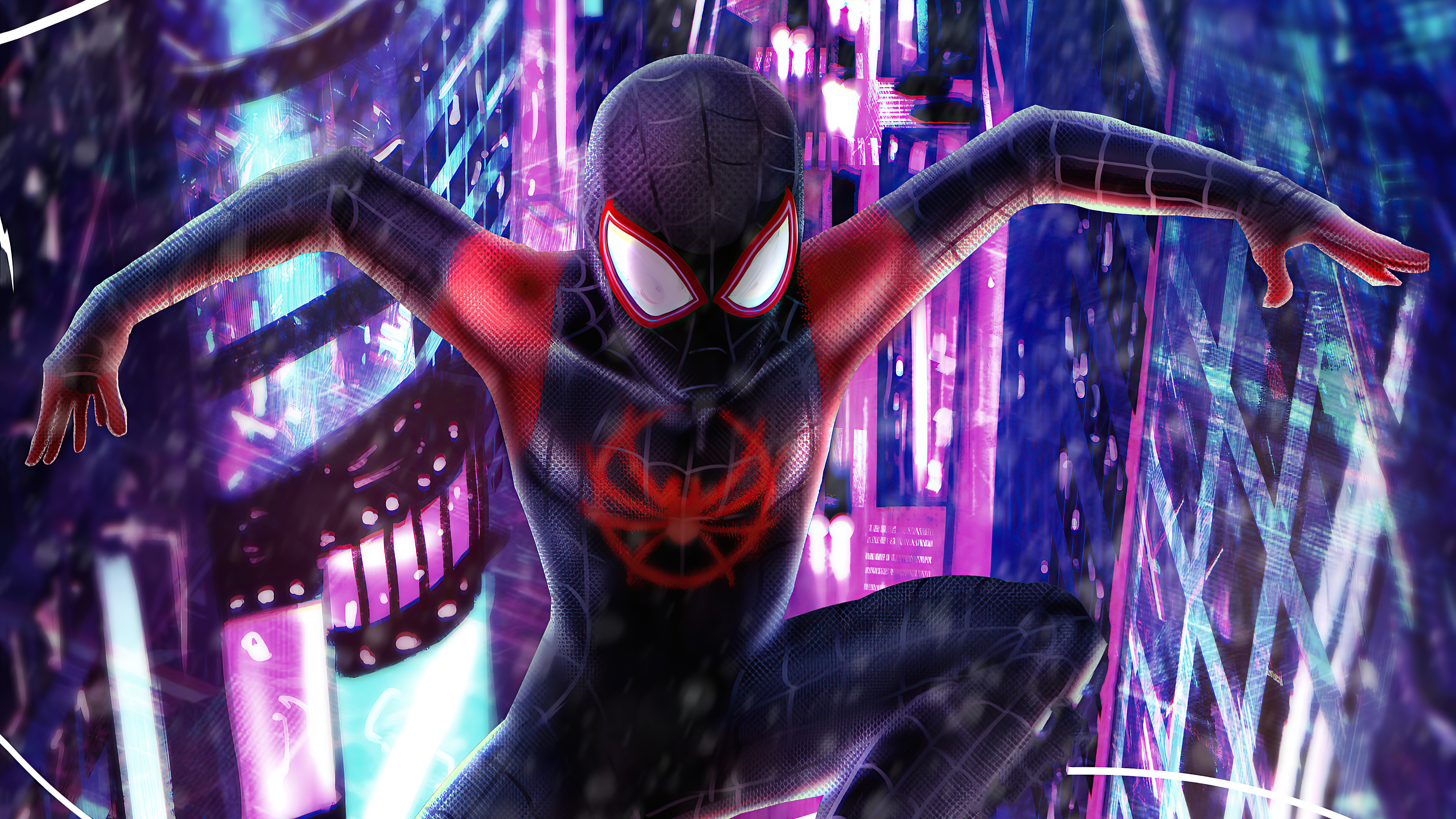 Spider-Man from Spider-Verse in a neon city HD Wallpaper