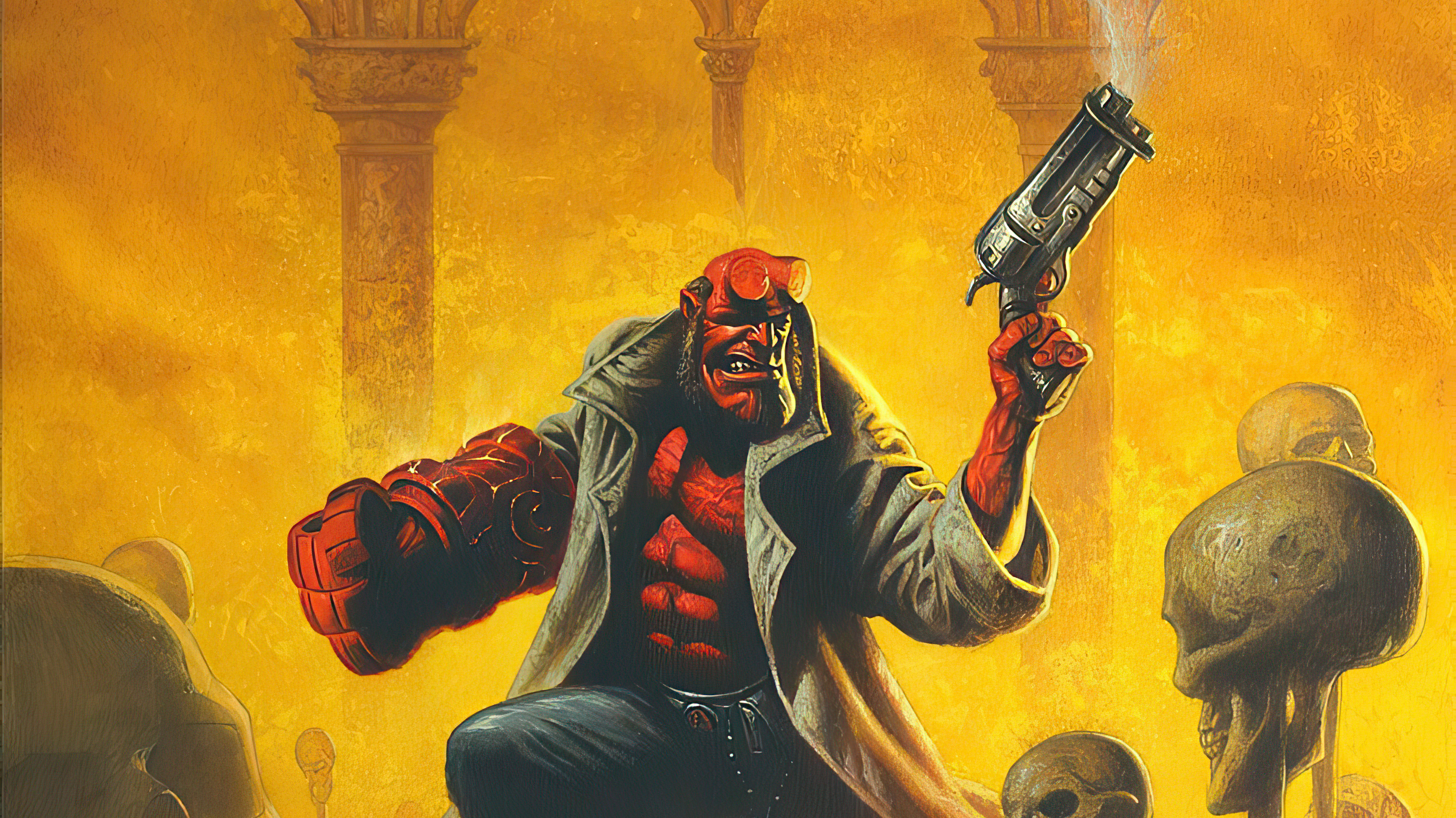 Hellboy with Gun and Skulls HD Wallpaper