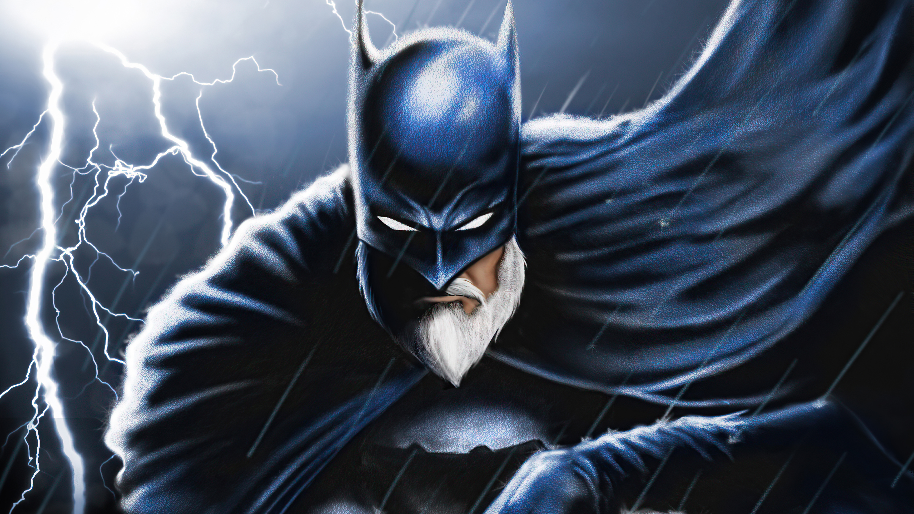 Artwork of an elderly Batman in a thunderstorm HD Wallpaper