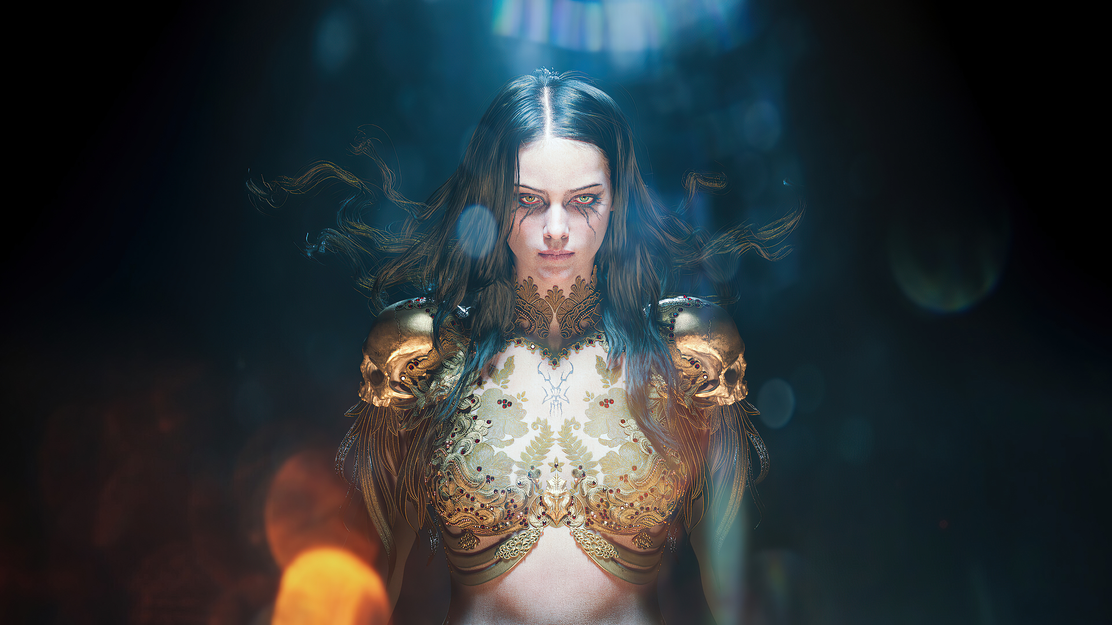 Fantasy woman with skull pauldrons and ornate armor HD Wallpaper