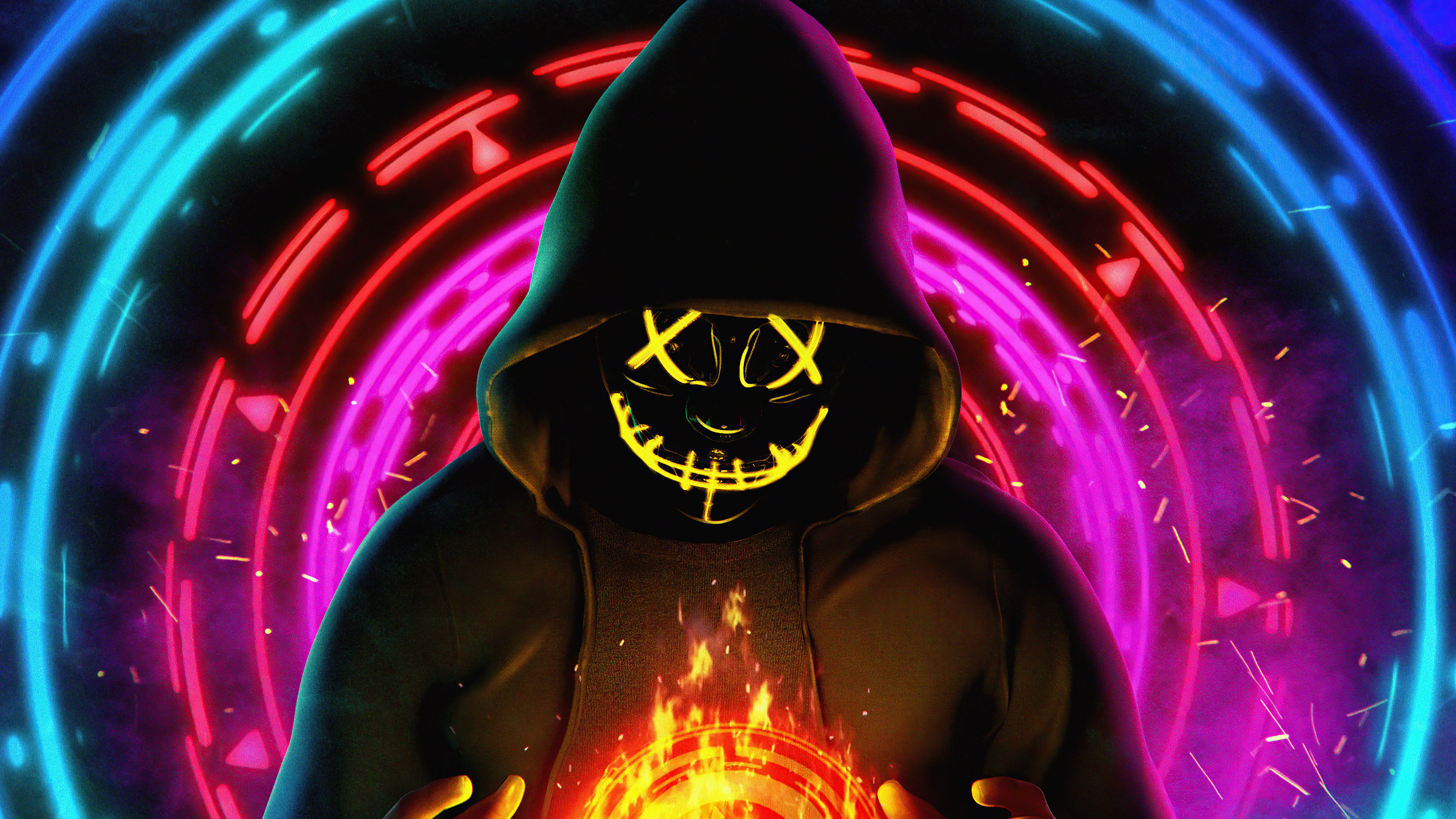 Anonymous figure in a hoodie with a glowing mask HD Wallpaper