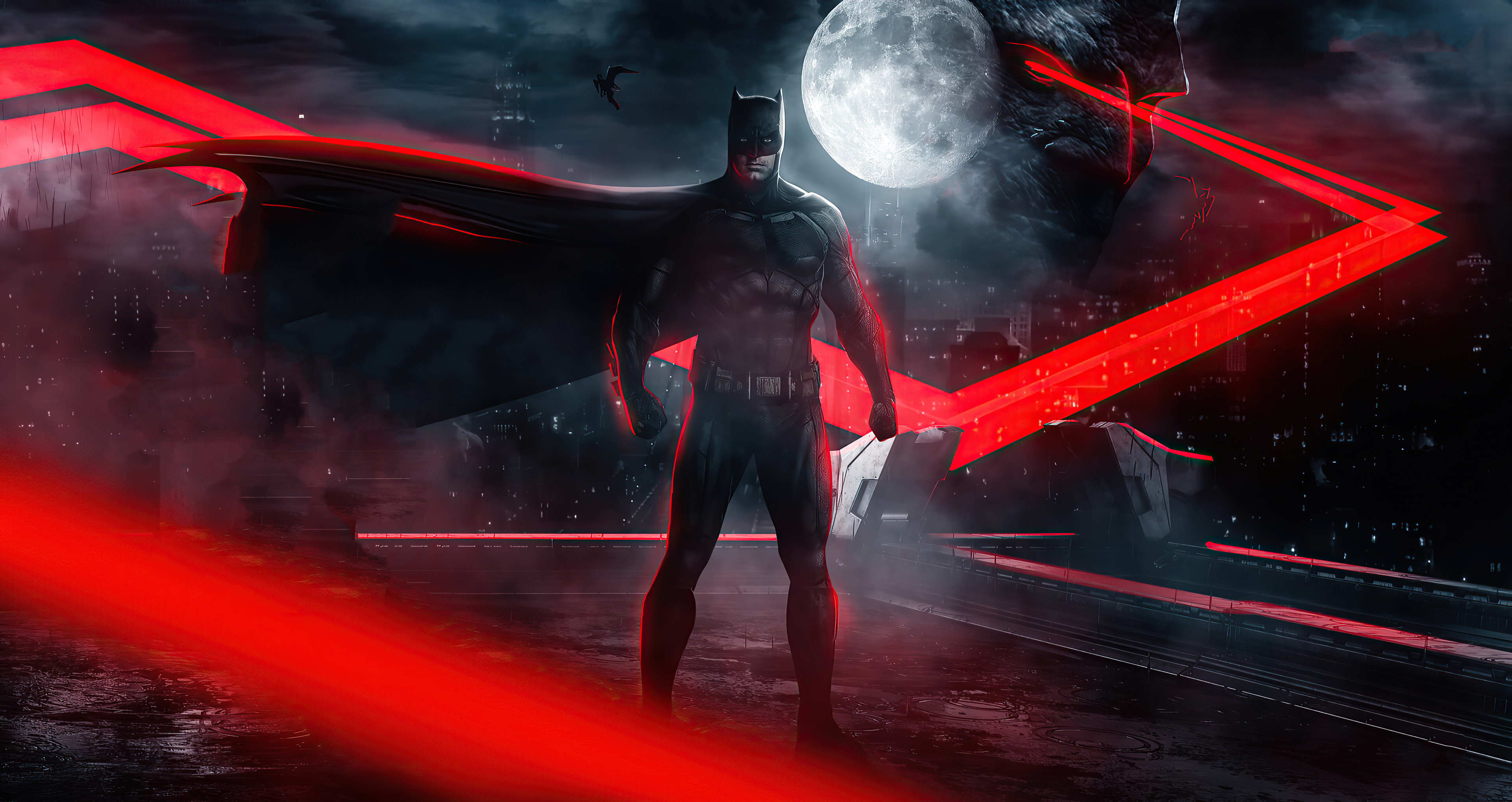 Batman with red laser beams and a giant moon face HD Wallpaper