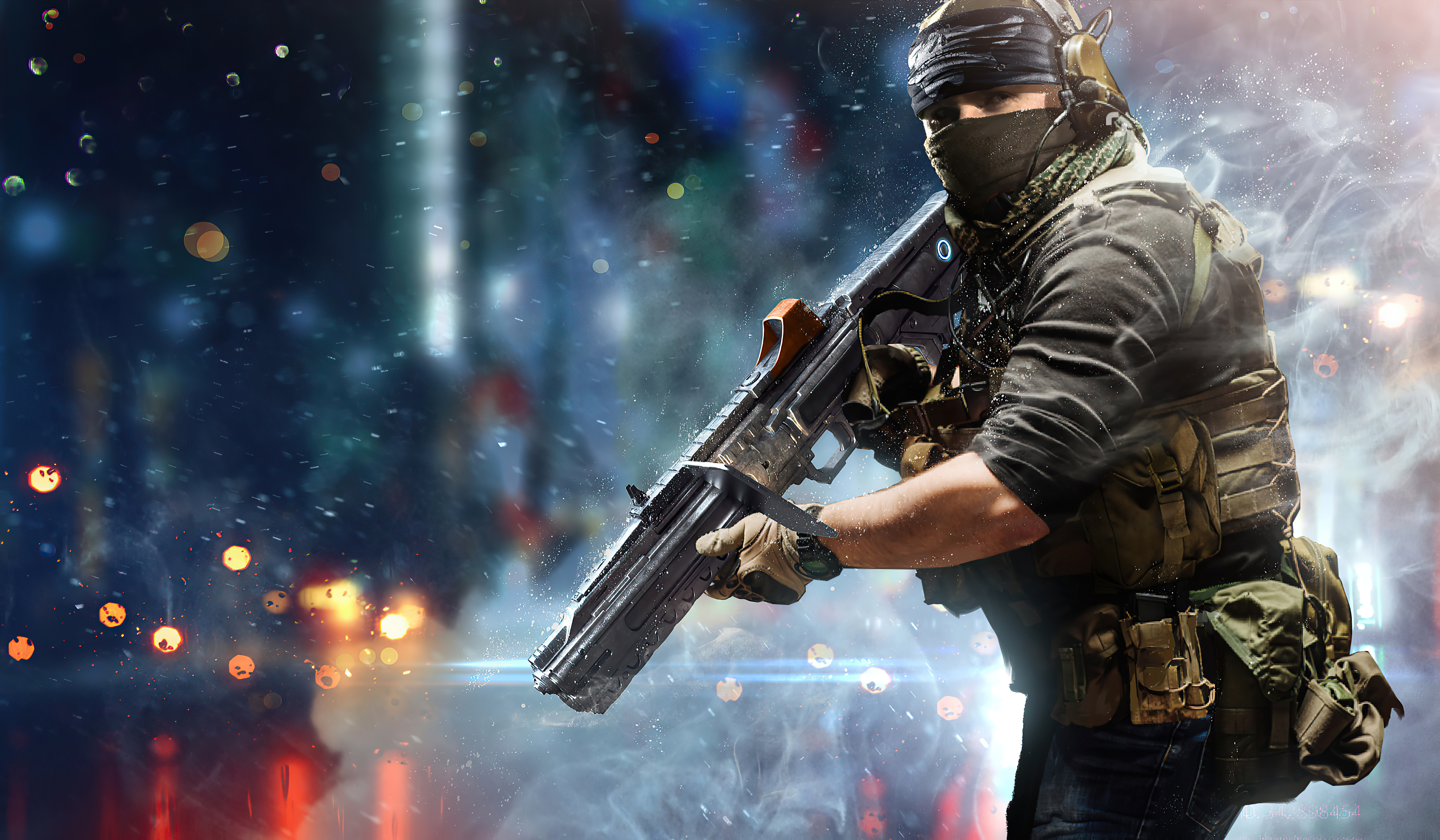 Soldier holding a rifle in a city at night HD Wallpaper