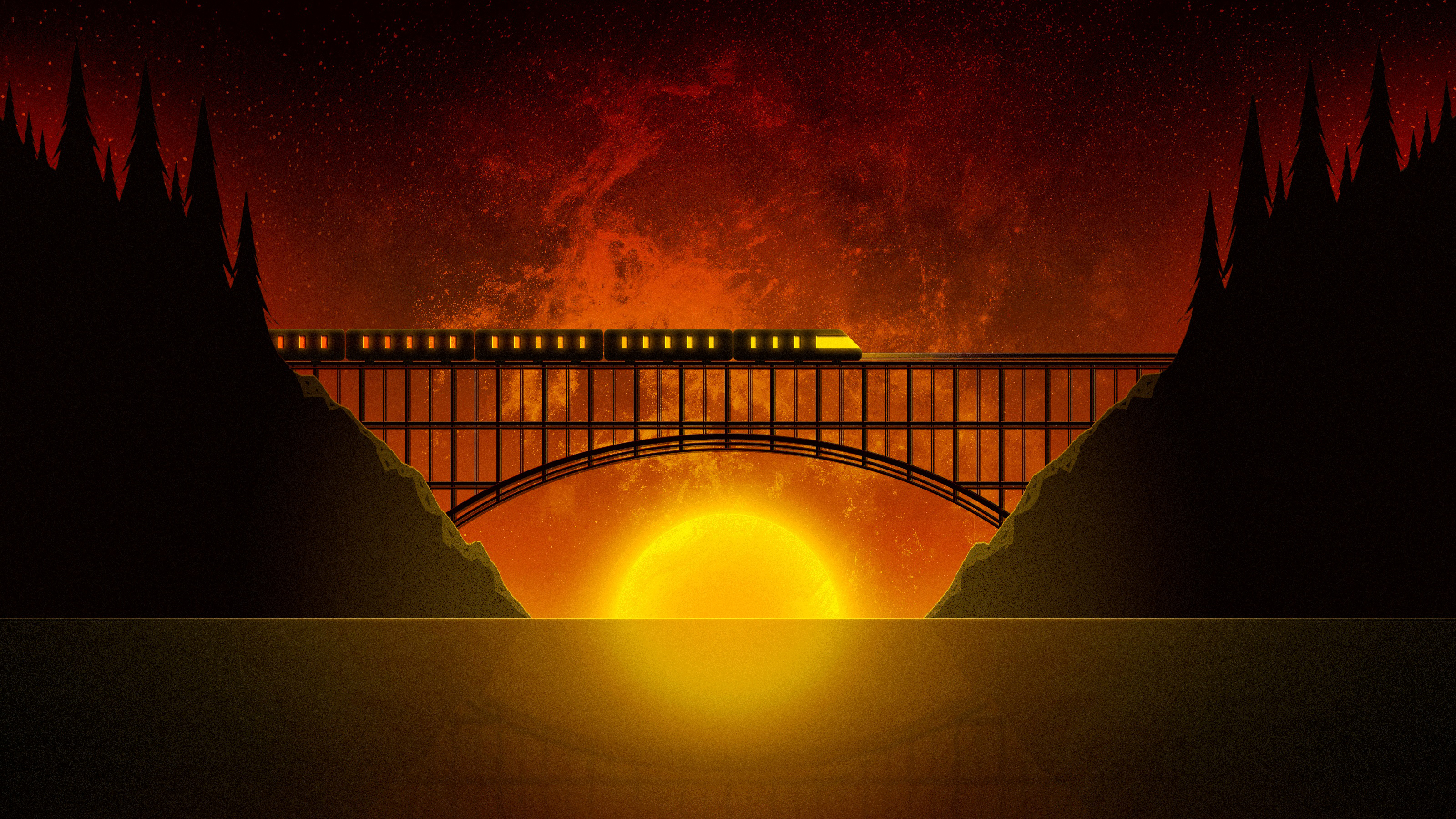 Train crossing a bridge at sunset with a large sun HD Wallpaper