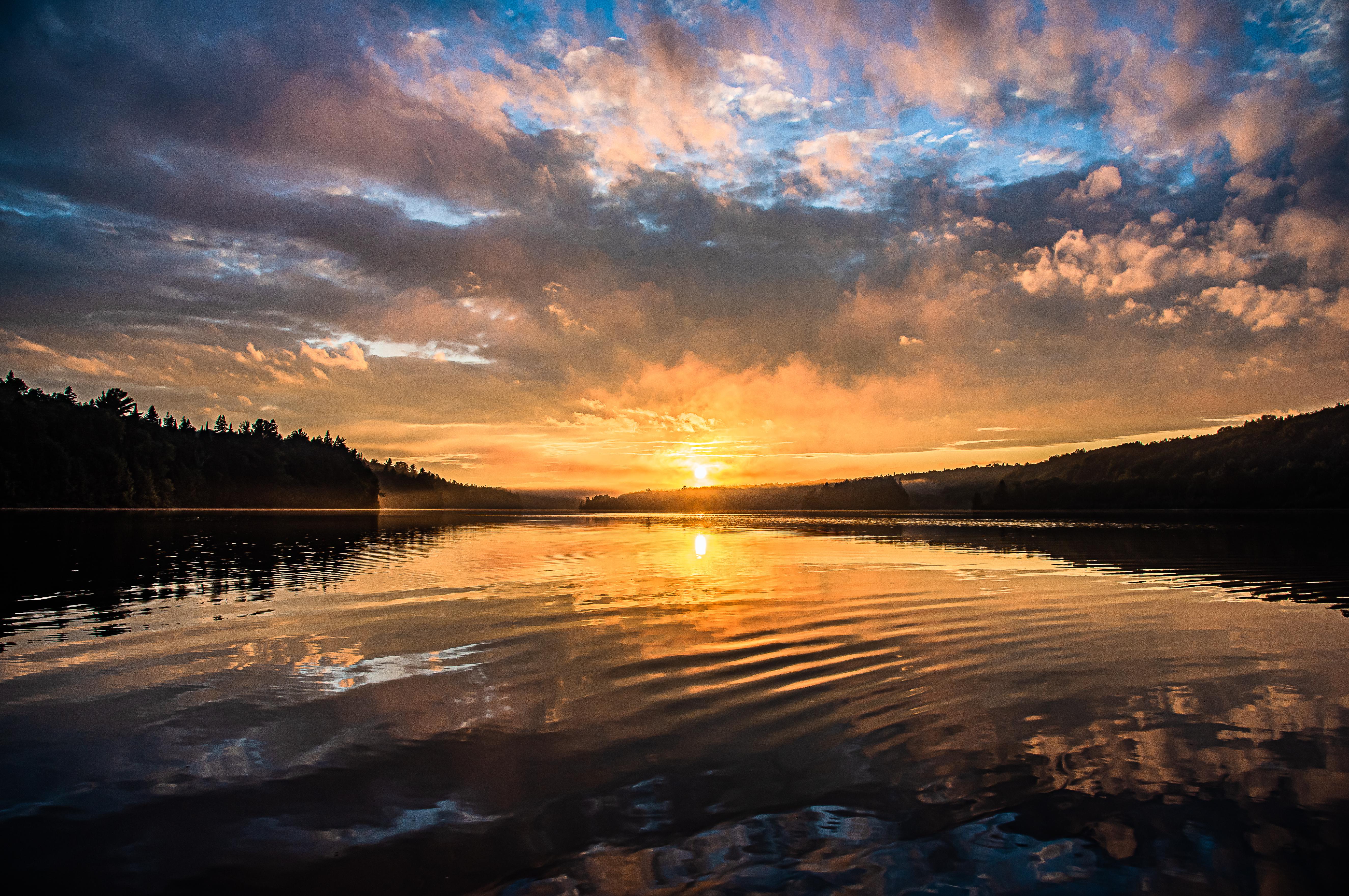 Sunset over a calm lake with forest silhouette HD Wallpaper