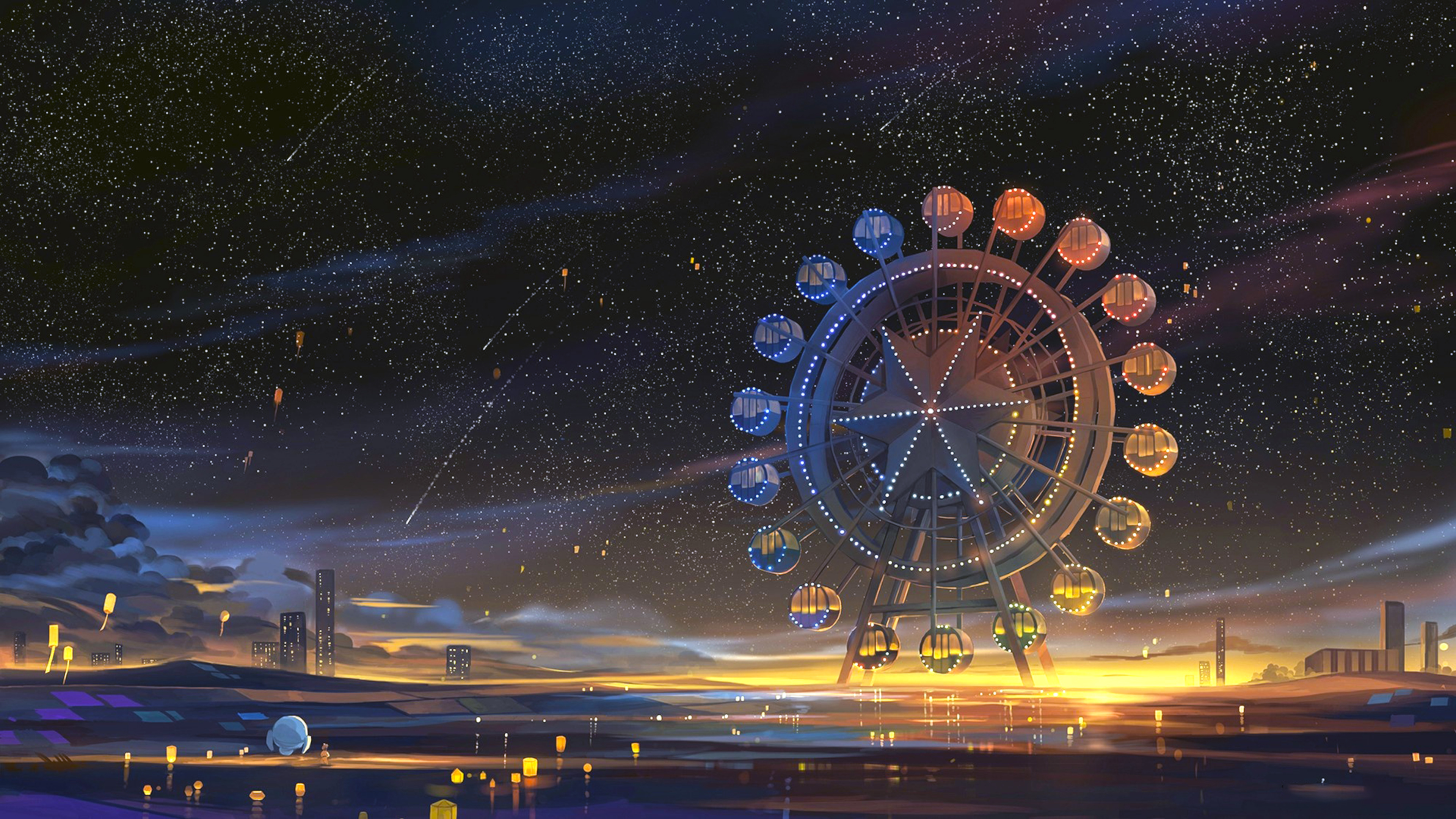 Ferris wheel at night with starry sky and city lights HD Wallpaper