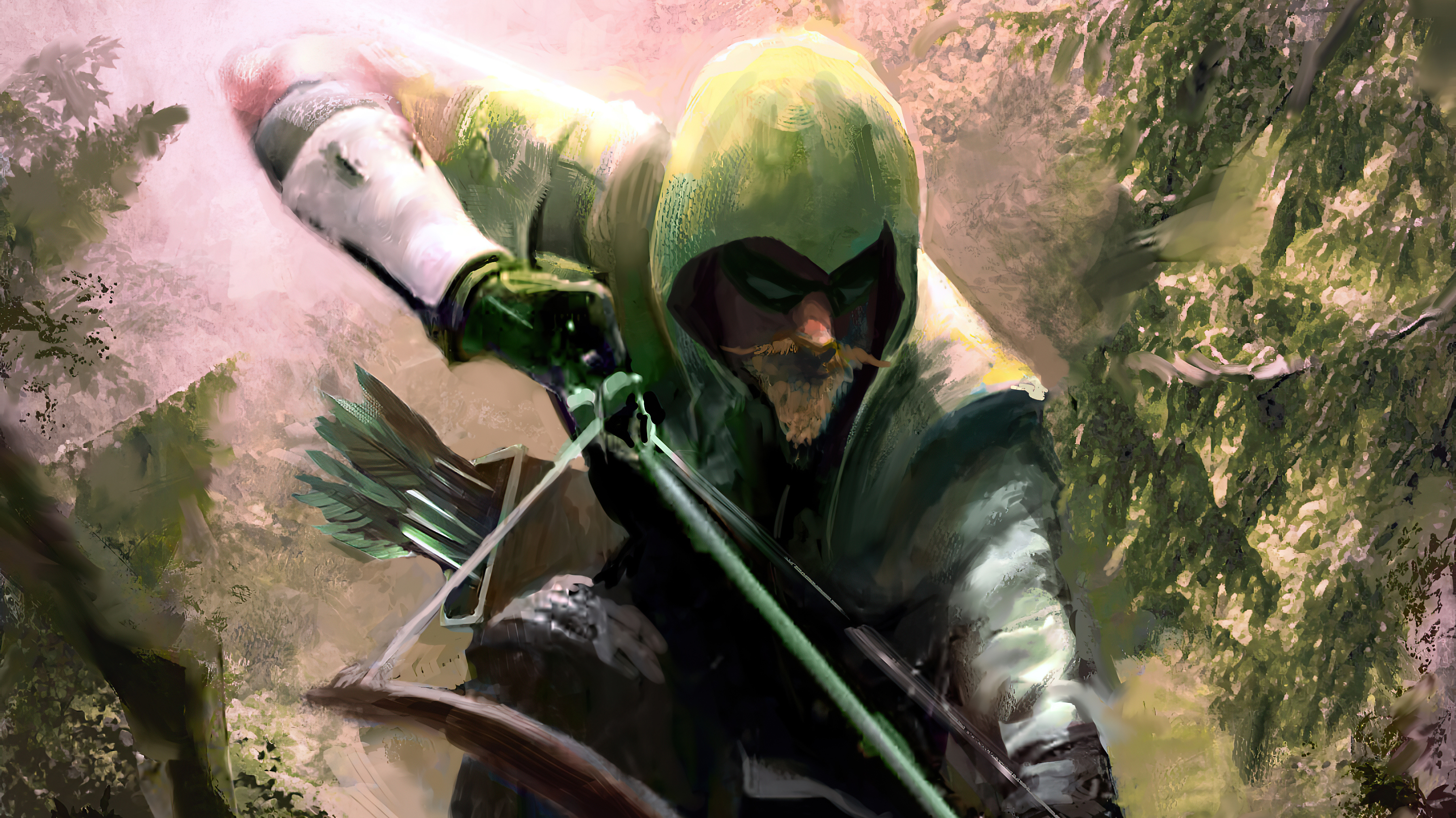 Green Arrow aiming a bow and arrow in a forest HD Wallpaper