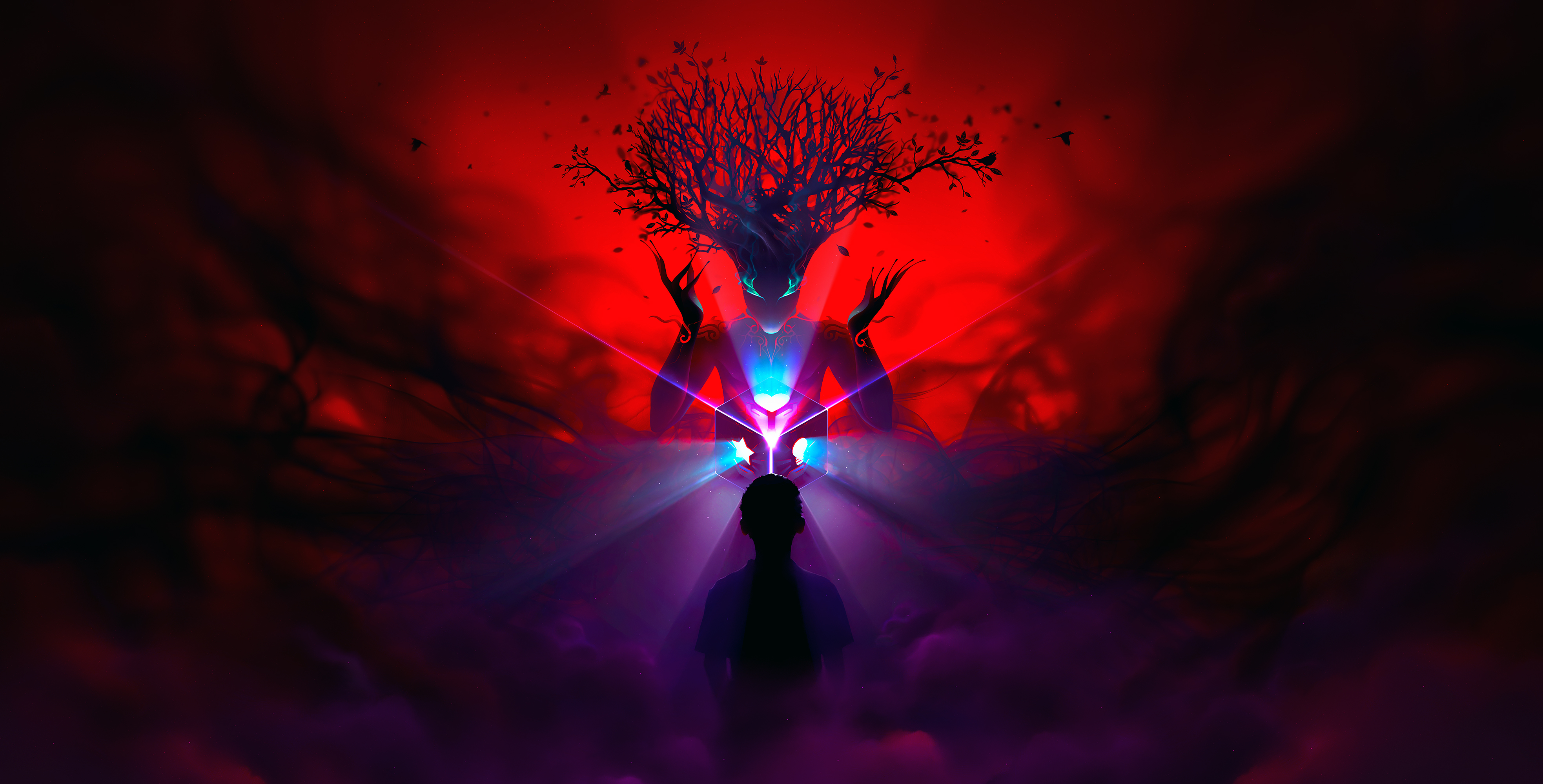 A figure in silhouette faces a tree-like entity HD Wallpaper