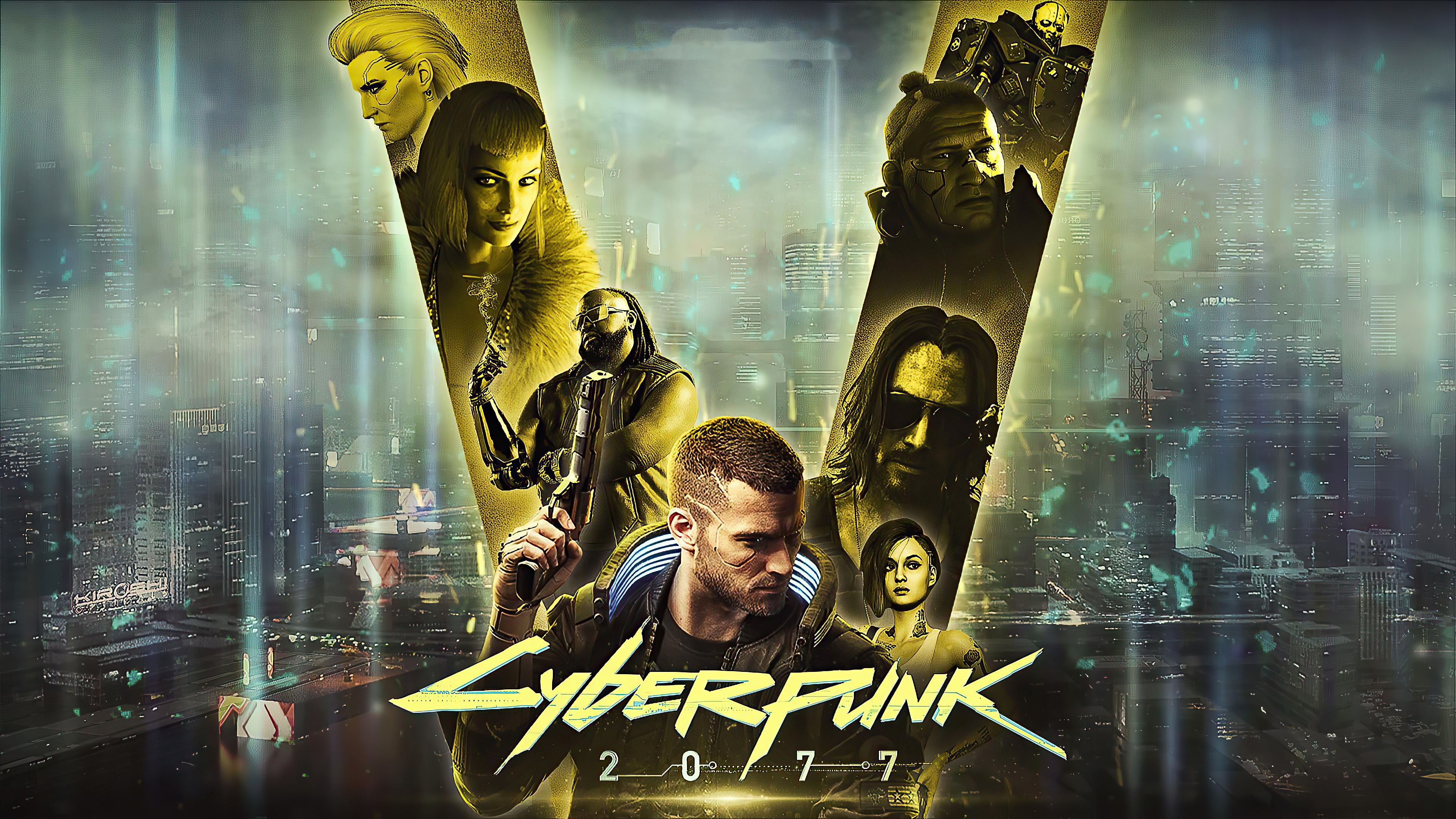 Cyberpunk 2077 characters in front of Night City HD Wallpaper